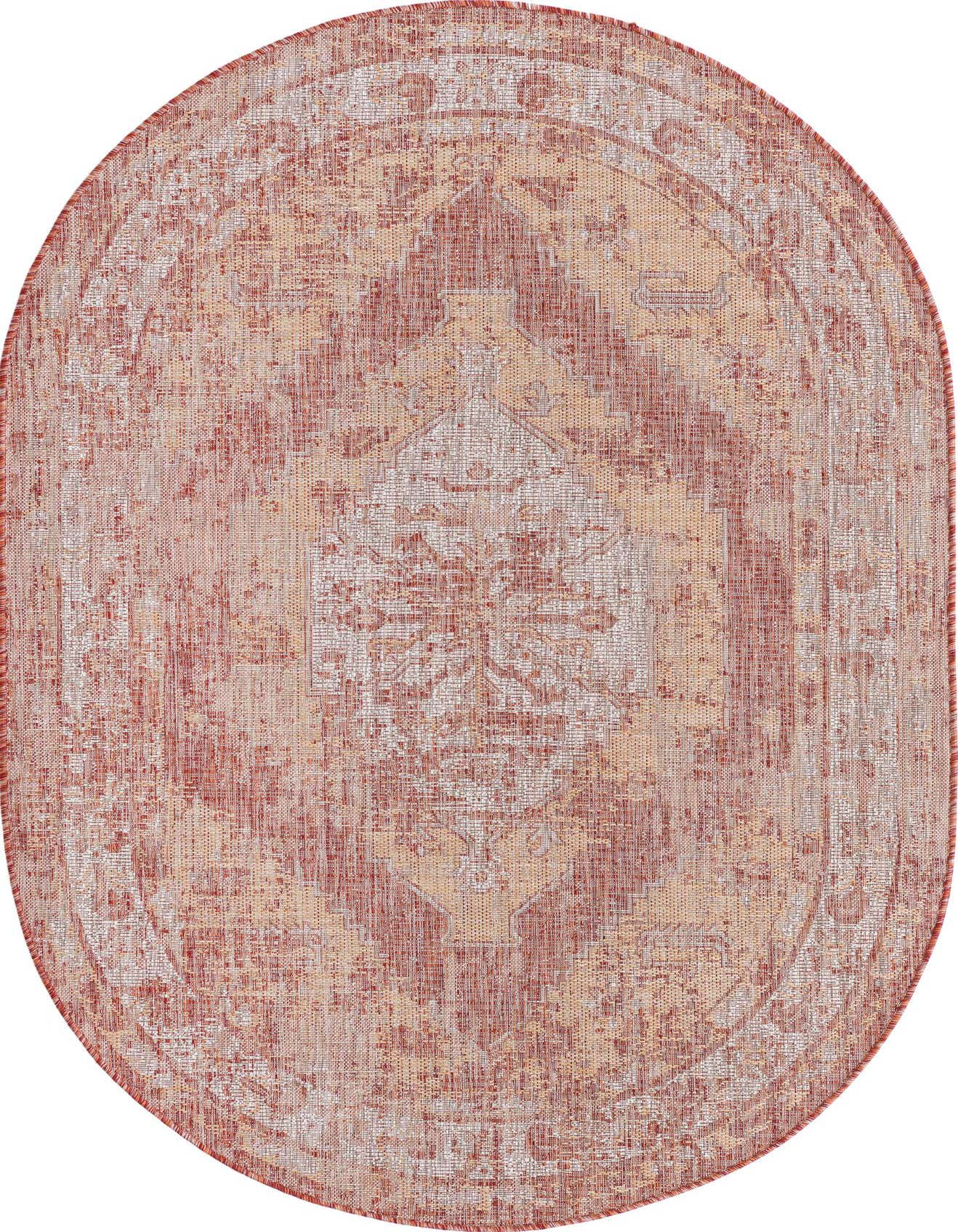 5'3 x 8'0 oval rug in oranges and reds with a distressed Southwestern pattern, suitable for indoor or outdoor use.