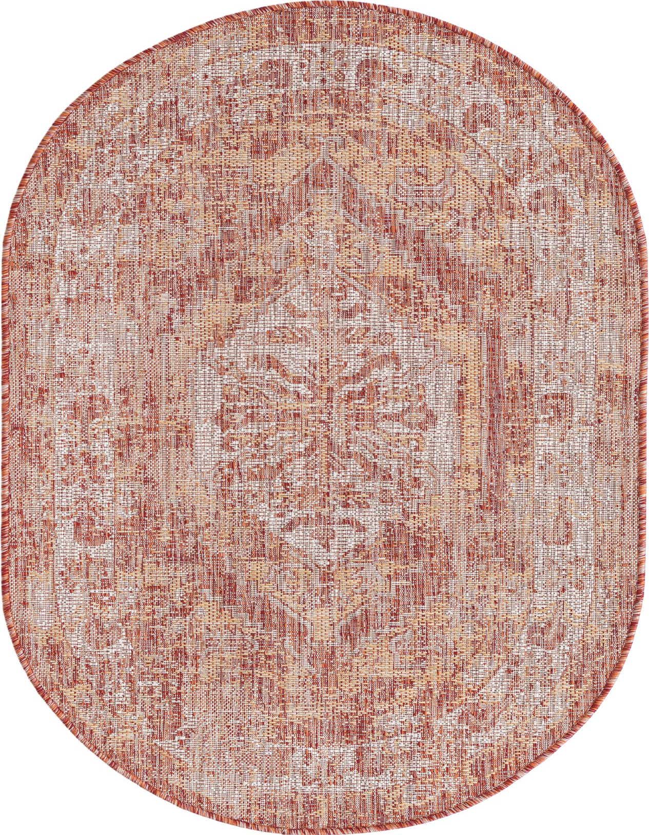 3'x5' oval indoor/outdoor rug with a distressed Southwestern pattern in shades of orange and red.