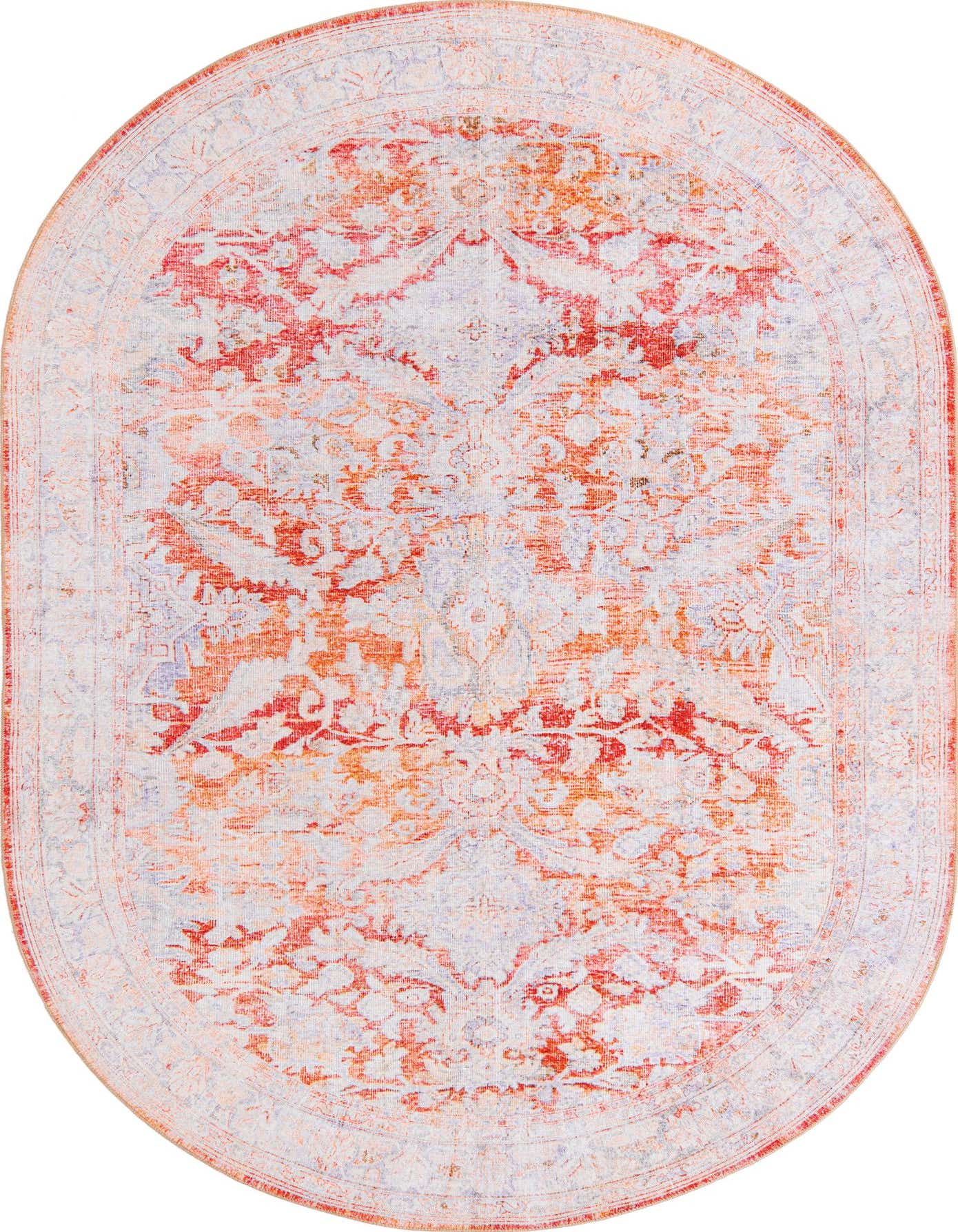 An oval 7'6" x 10'6" orange and red traditional rug with a distressed vintage pattern and subtle border.