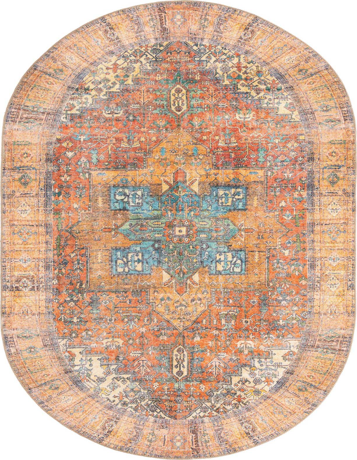 An oval 5'x8' orange and red transitional rug with a distressed medallion pattern and teal accents.