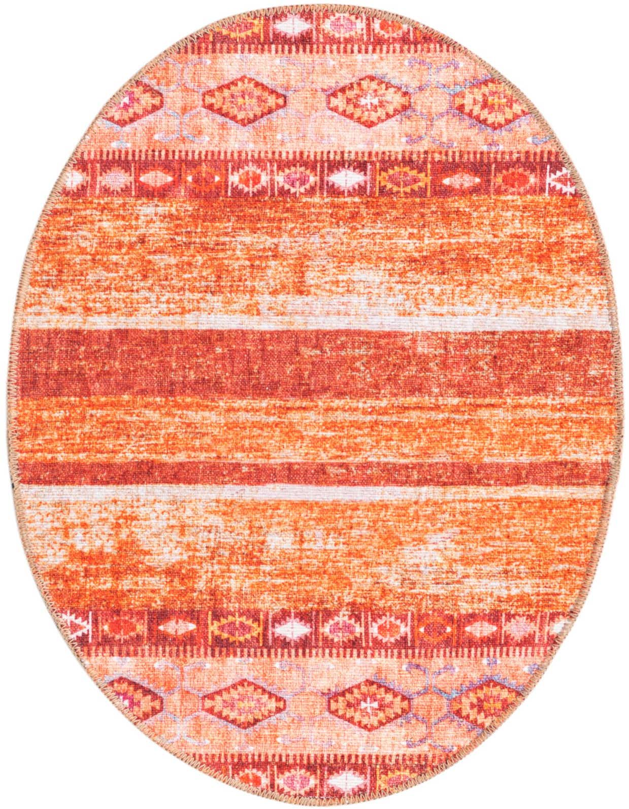 An oval orange and red transitional rug with tribal stripes and diamond patterns, featuring a flat, textured pile.
