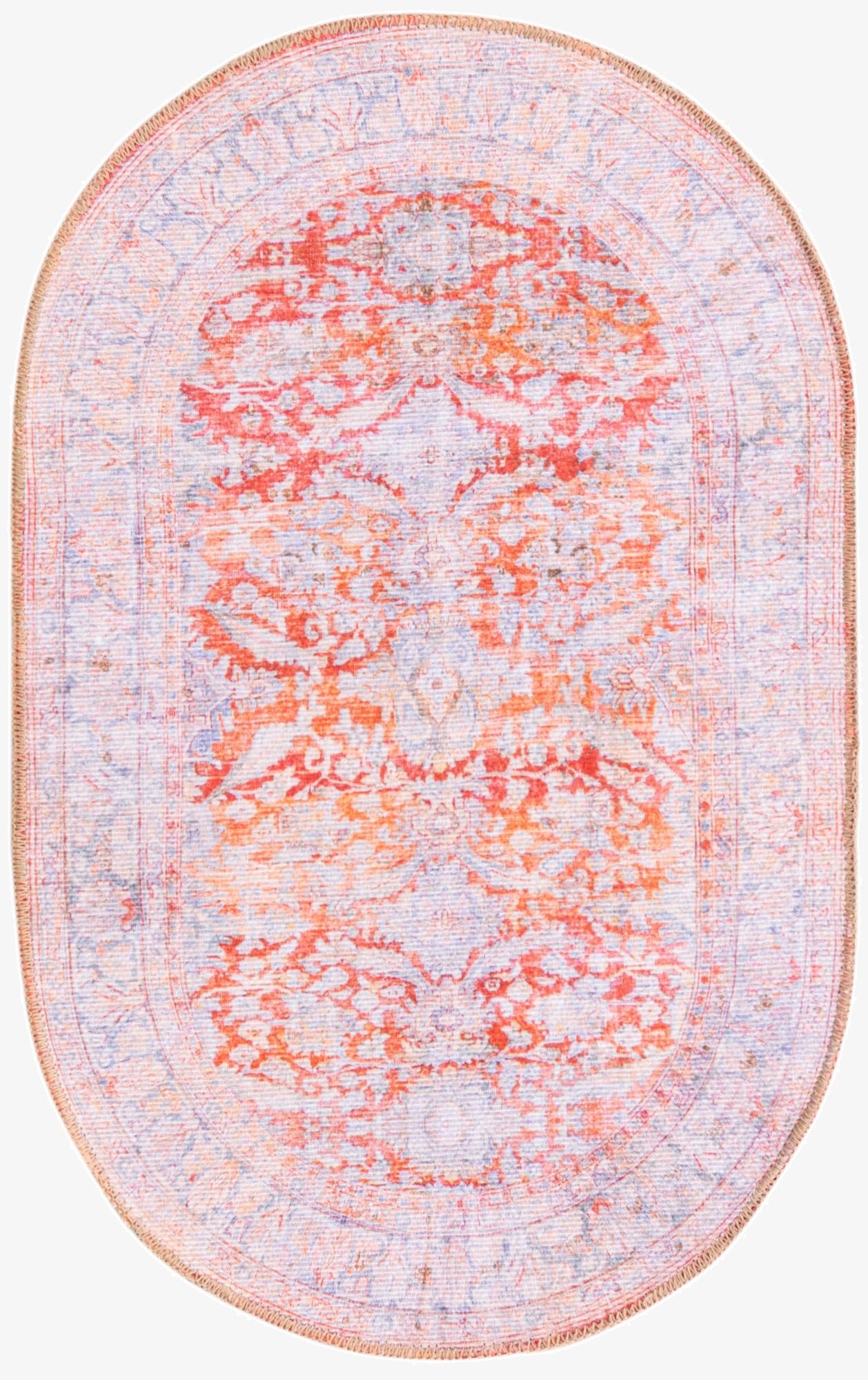 2'x3' oval rug with a faded orange and red medallion pattern on a light background, featuring a subtle border.