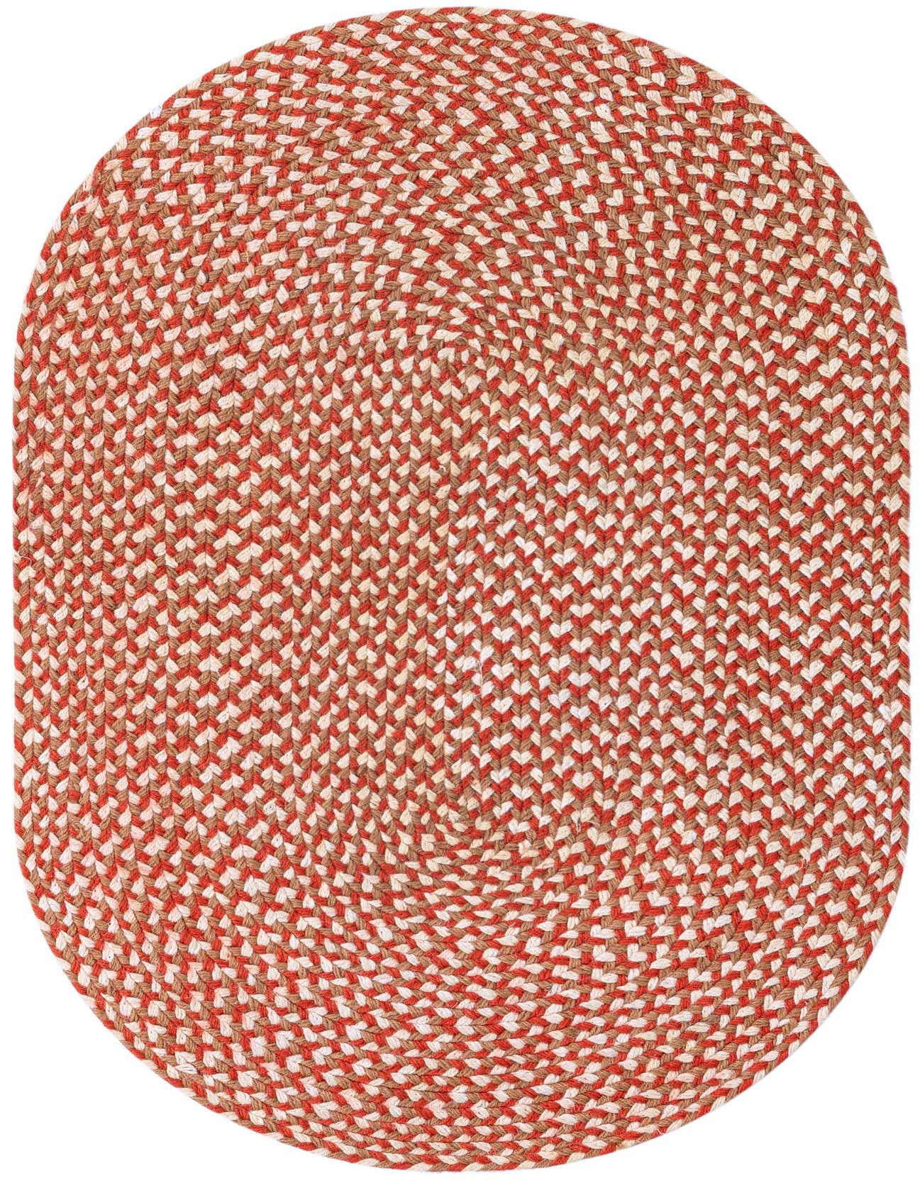 A 2' 0 x 3' 1 oval braided jute rug in shades of orange, red, and natural brown, featuring a modern, textured design.