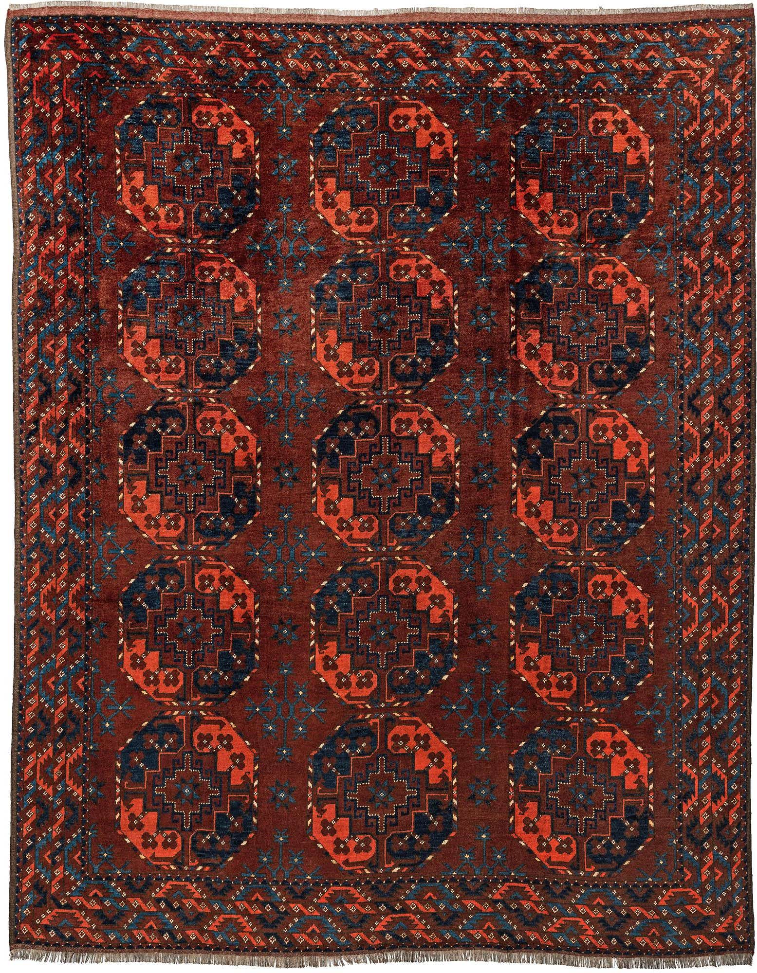 A 7x10 rectangular Afghan Akhche wool rug featuring a repeating tribal pattern in oranges, reds, and deep blues on a rich red background.