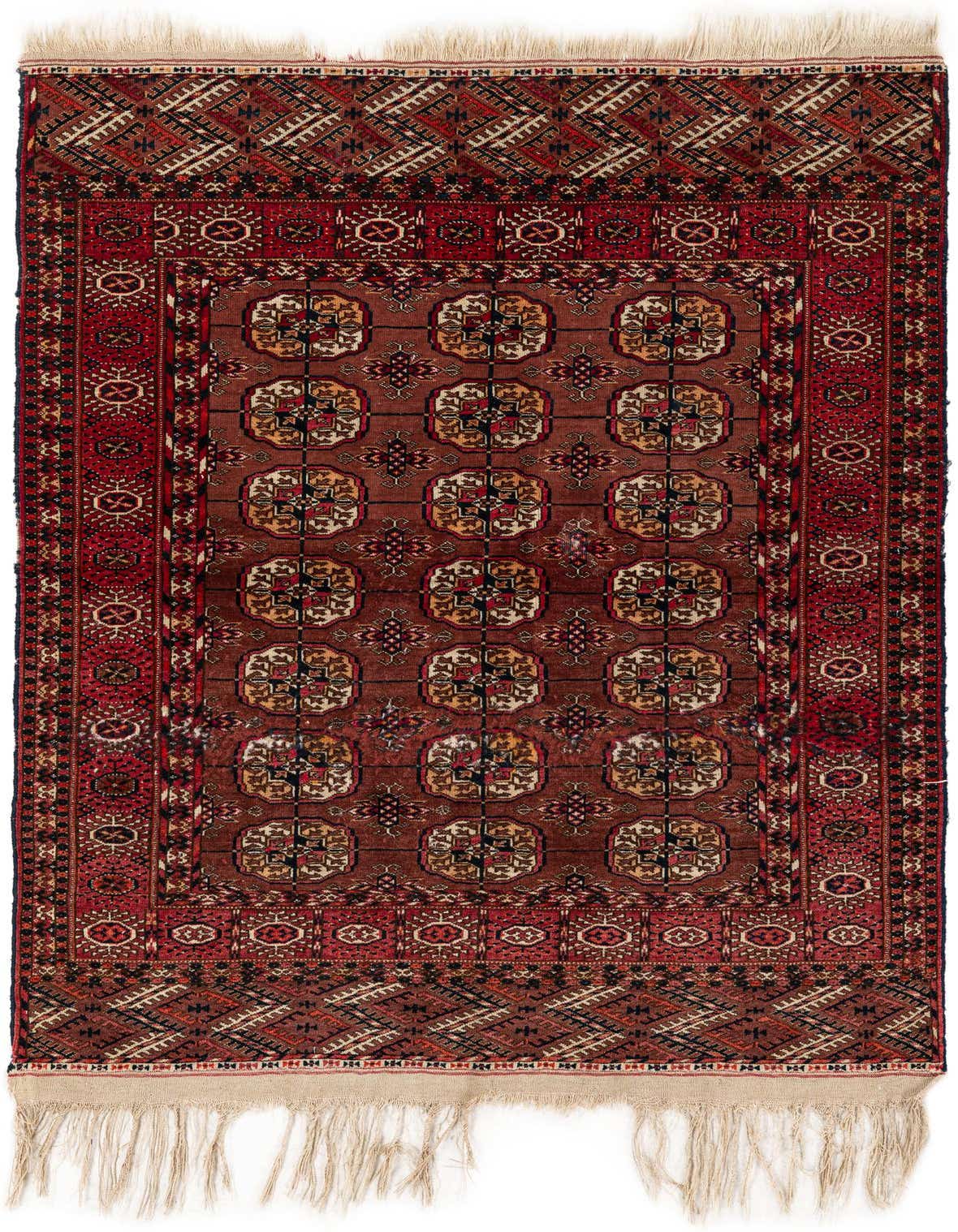 A 3x5 rectangular Afghan Akhche rug featuring traditional tribal patterns in rich oranges and reds with a thin pile and fringe.