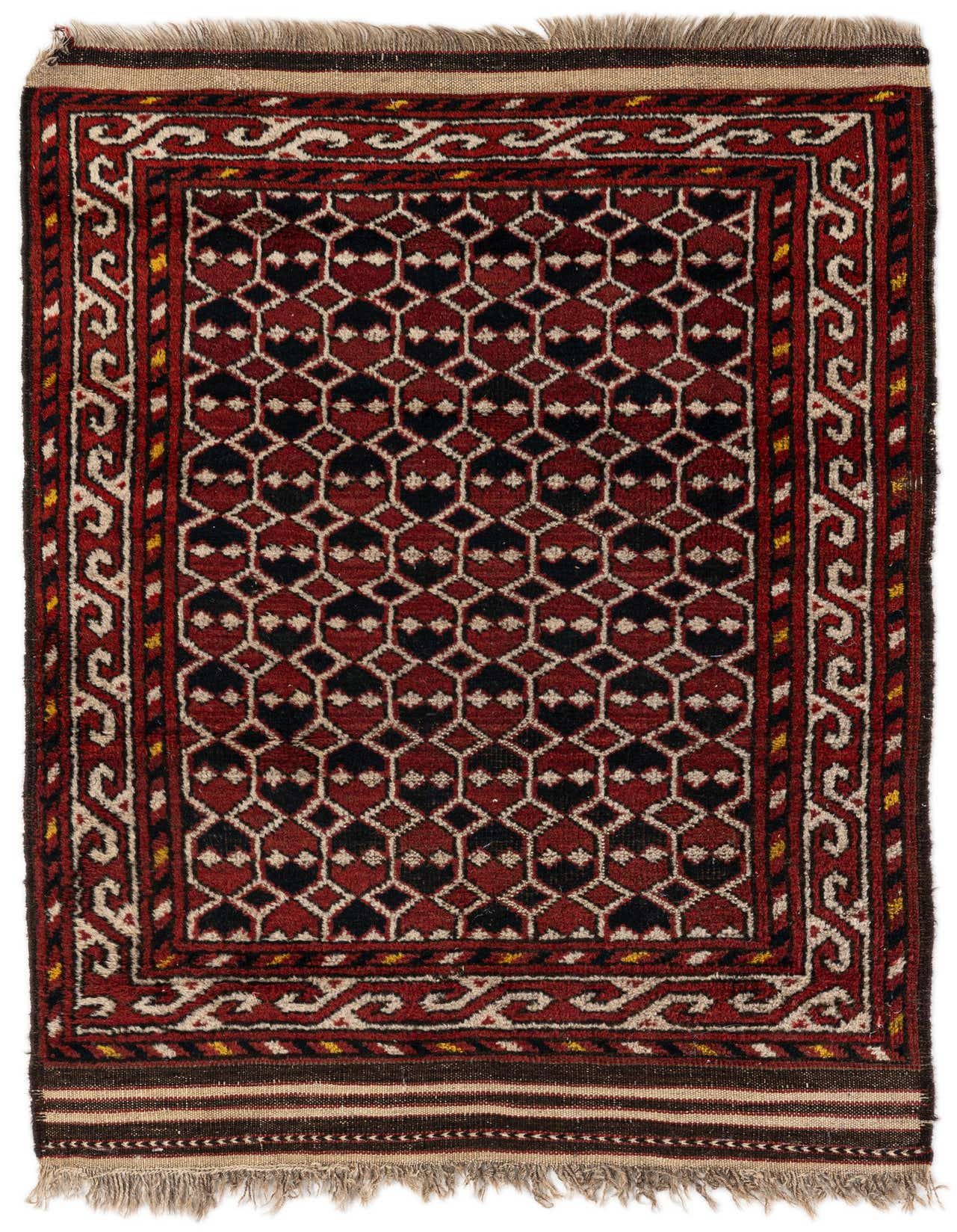 A 3x4 rectangular Afghan Akhche rug featuring a tribal geometric pattern in deep oranges, reds, and black with cream accents.