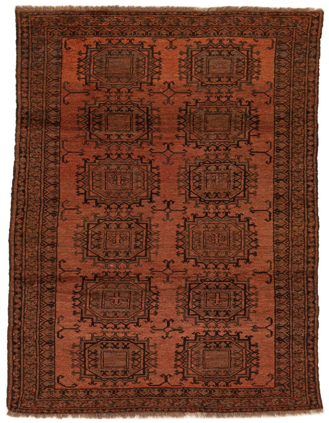 A 4x6 rectangular Afghan Ersari rug in rich orange and red tones with traditional tribal patterns.