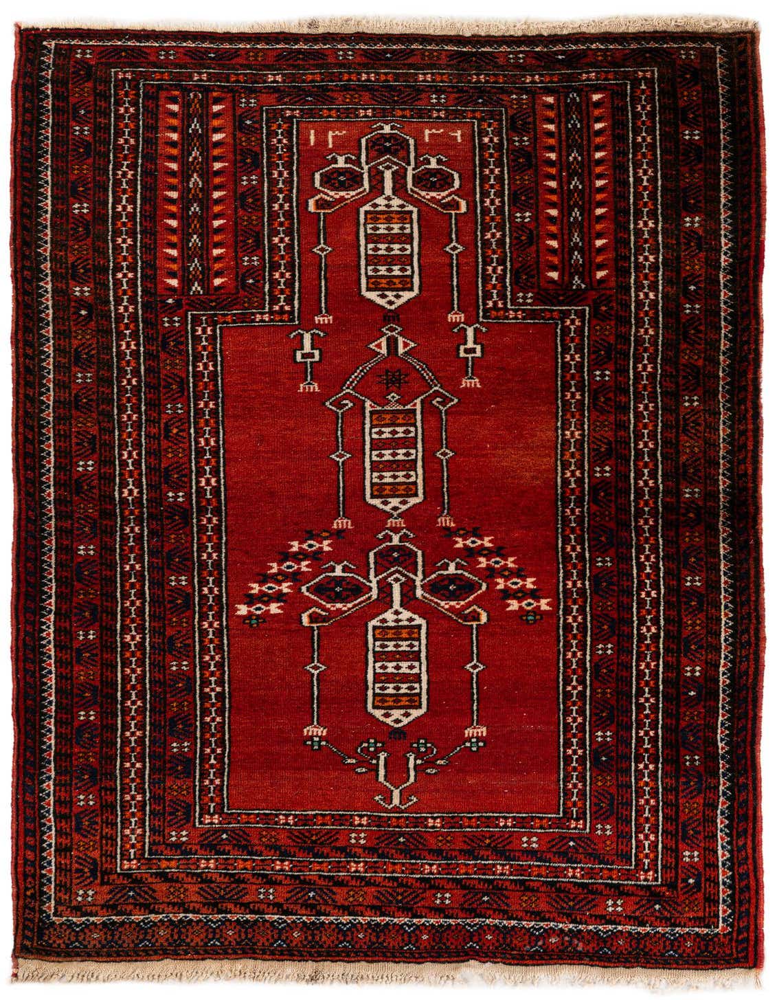 A 3x5 rectangular Afghan Ersari rug in deep reds and oranges with intricate tribal patterns, ideal for an entryway.
