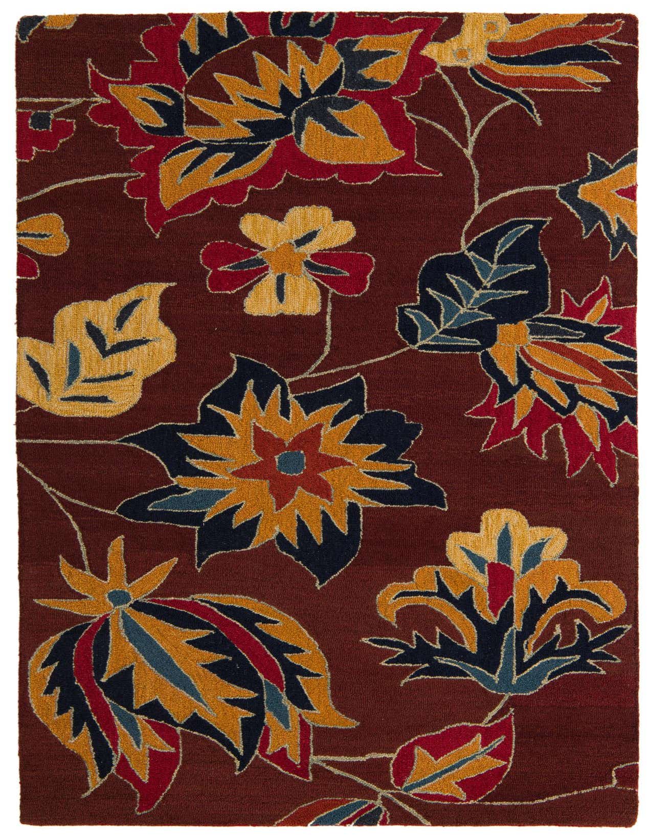 A 5x8 rectangular Agra rug with a traditional floral pattern in oranges, reds, and blues on a deep red background, suitable for a living room.
