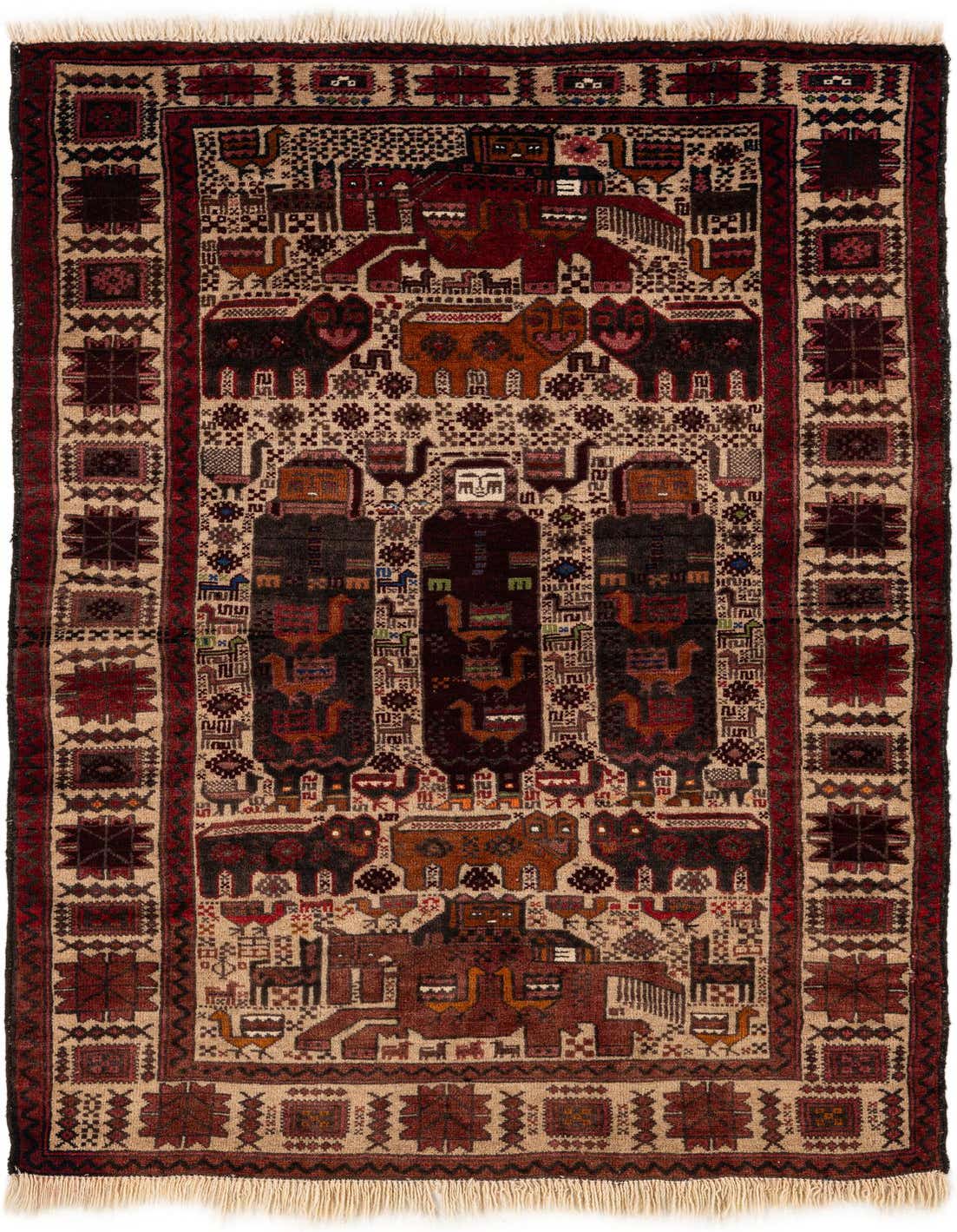 A 3x5 rectangular Anatolian rug featuring traditional Oriental patterns in oranges, reds, and browns on a beige background, with fringe.