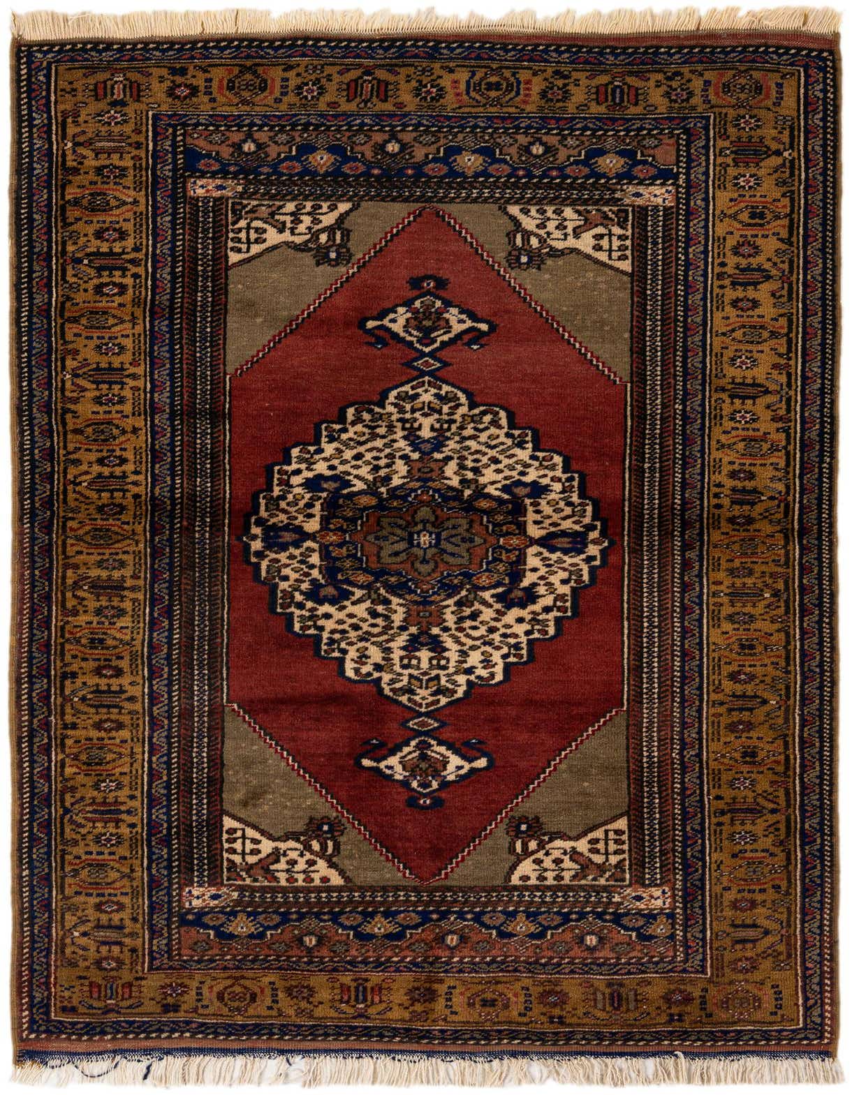 A 4x6 rectangular Anatolian wool rug featuring a traditional medallion pattern in oranges, reds, and blues.