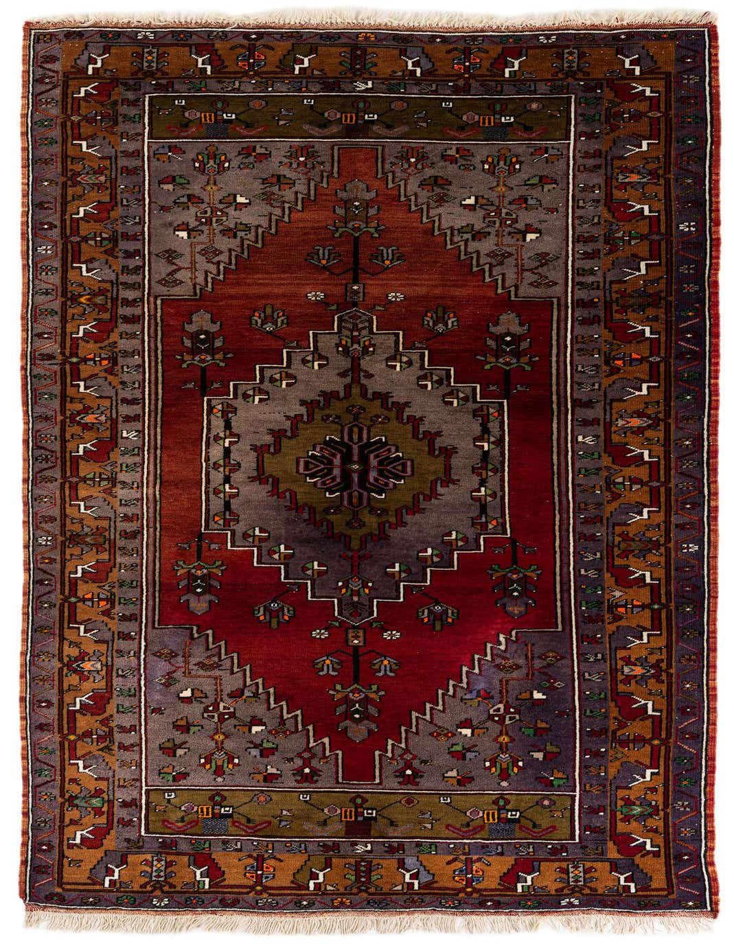 A 5x8 rectangular Anatolian Oriental rug featuring a rich red and orange central medallion with intricate geometric patterns and a multi-colored border.