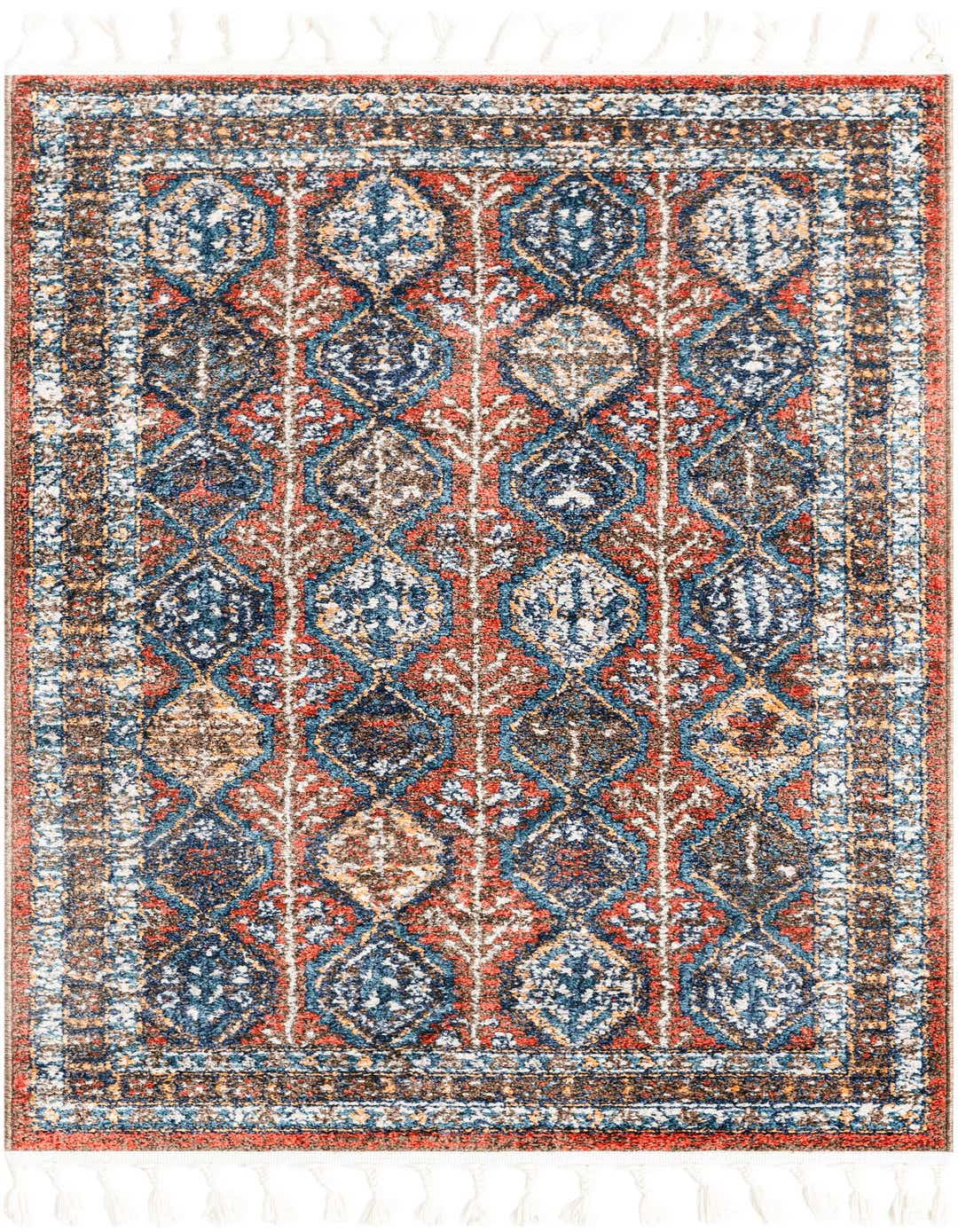 A 3x5 rectangular Aramis rug featuring a modern striped pattern in shades of orange, red, and blue with white fringe.