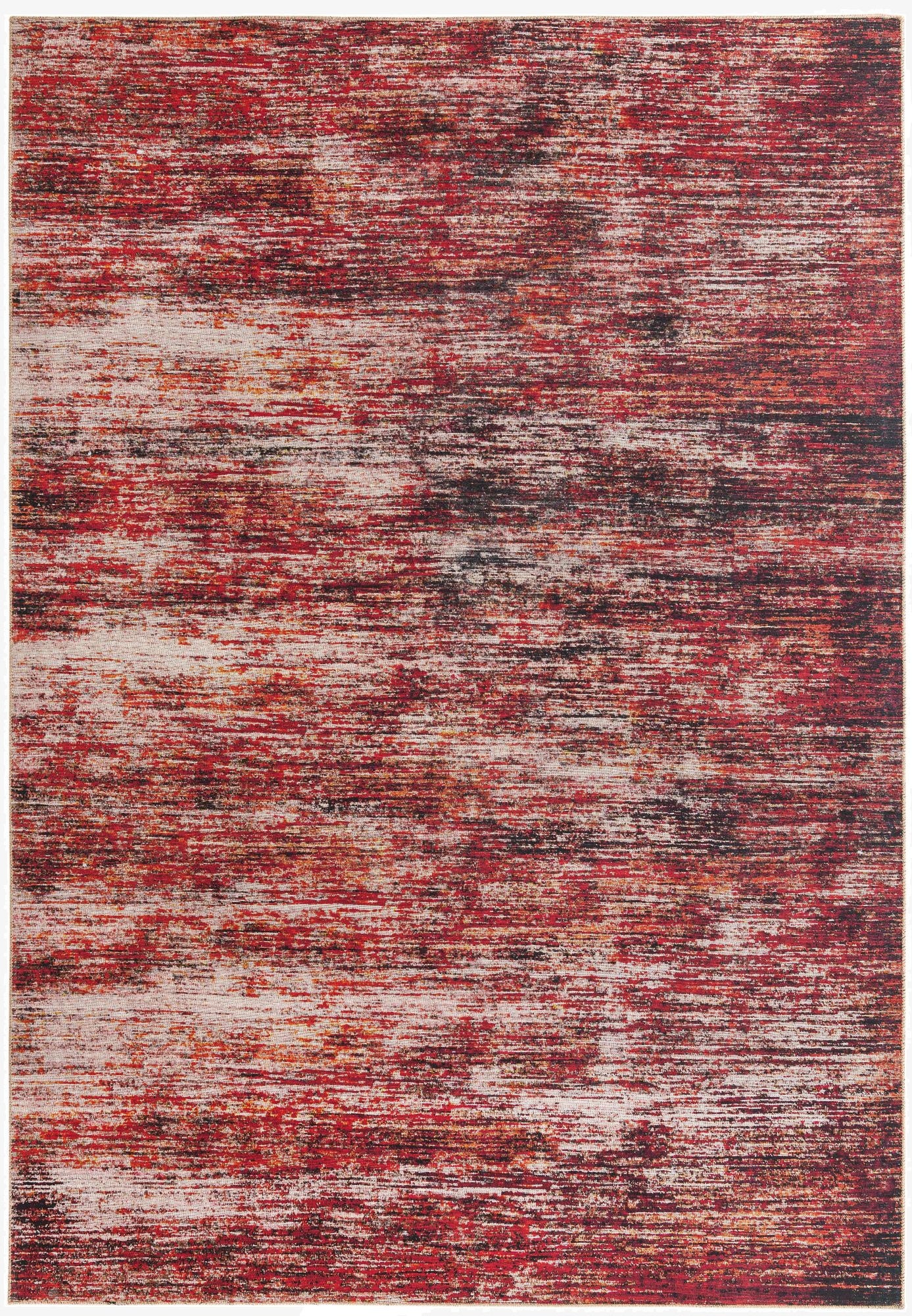 A rectangular 8x12 modern rug with an abstract stripe pattern in shades of orange, red, and hints of black.