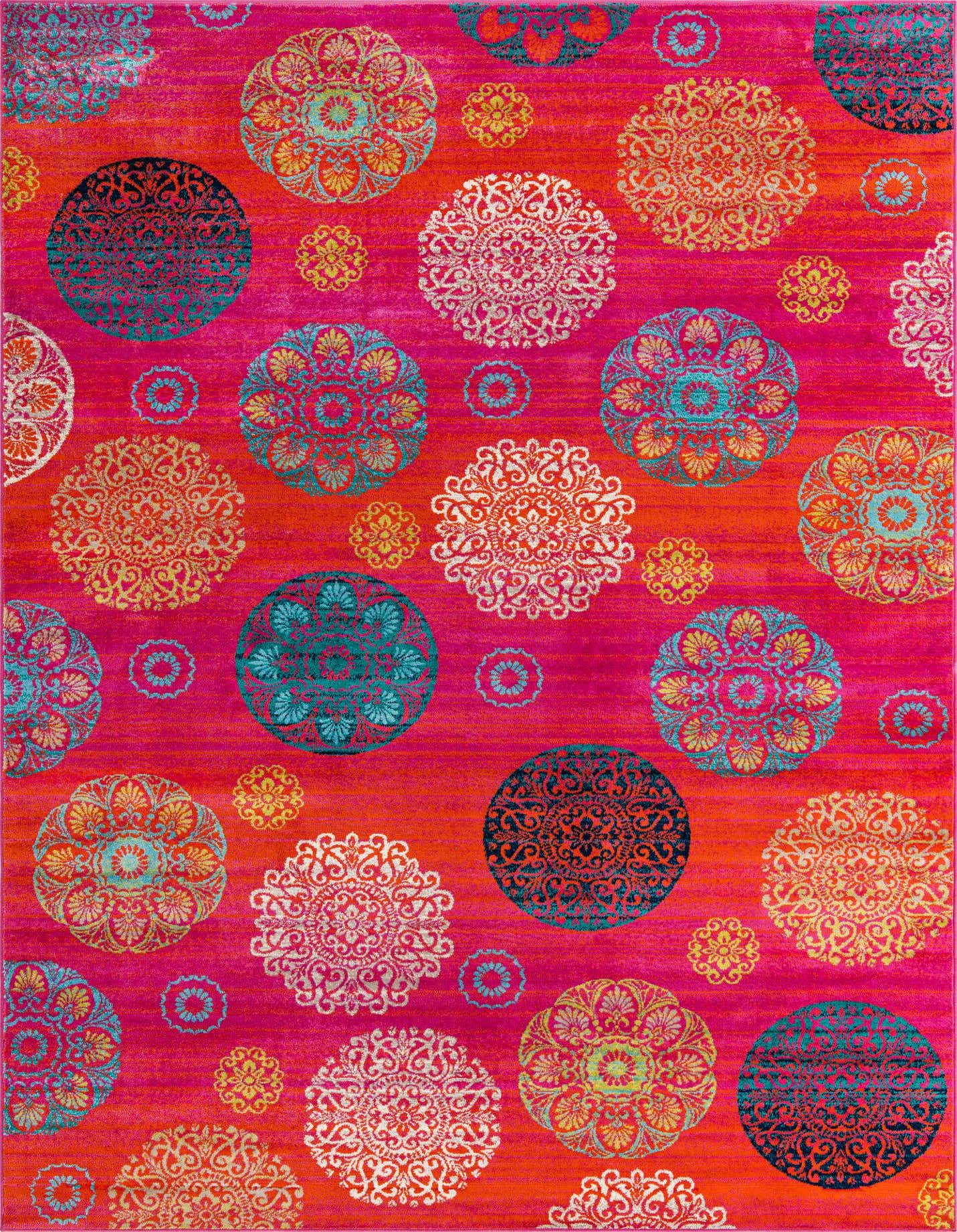 A vibrant 10x14 rectangular rug with a bright orange and red background, featuring large and small circular floral and botanical medallions in teal, gold, and white.