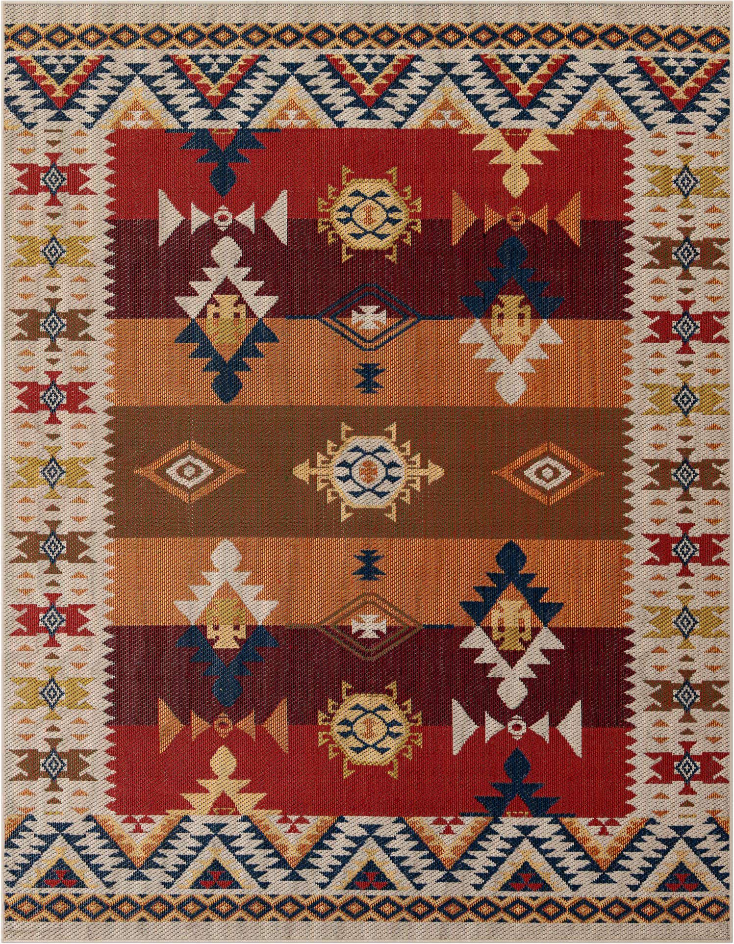 A rectangular 8x10 Baja Outdoor rug with a vibrant Southwestern pattern in oranges, reds, blues, and creams, suitable for indoor or outdoor use.