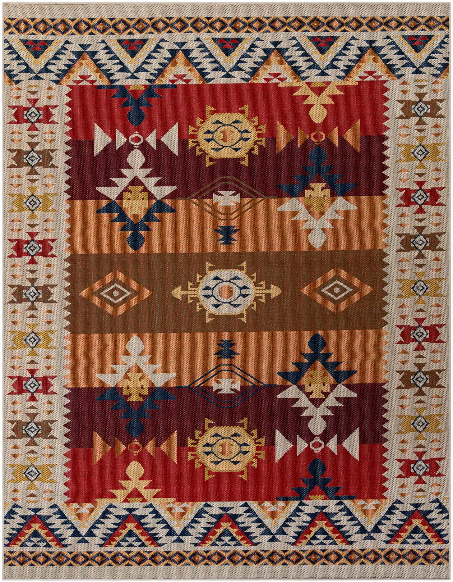 A 9x12 rectangular Baja Outdoor rug featuring a vibrant modern pattern in oranges, reds, and blues, suitable for indoor or outdoor use.