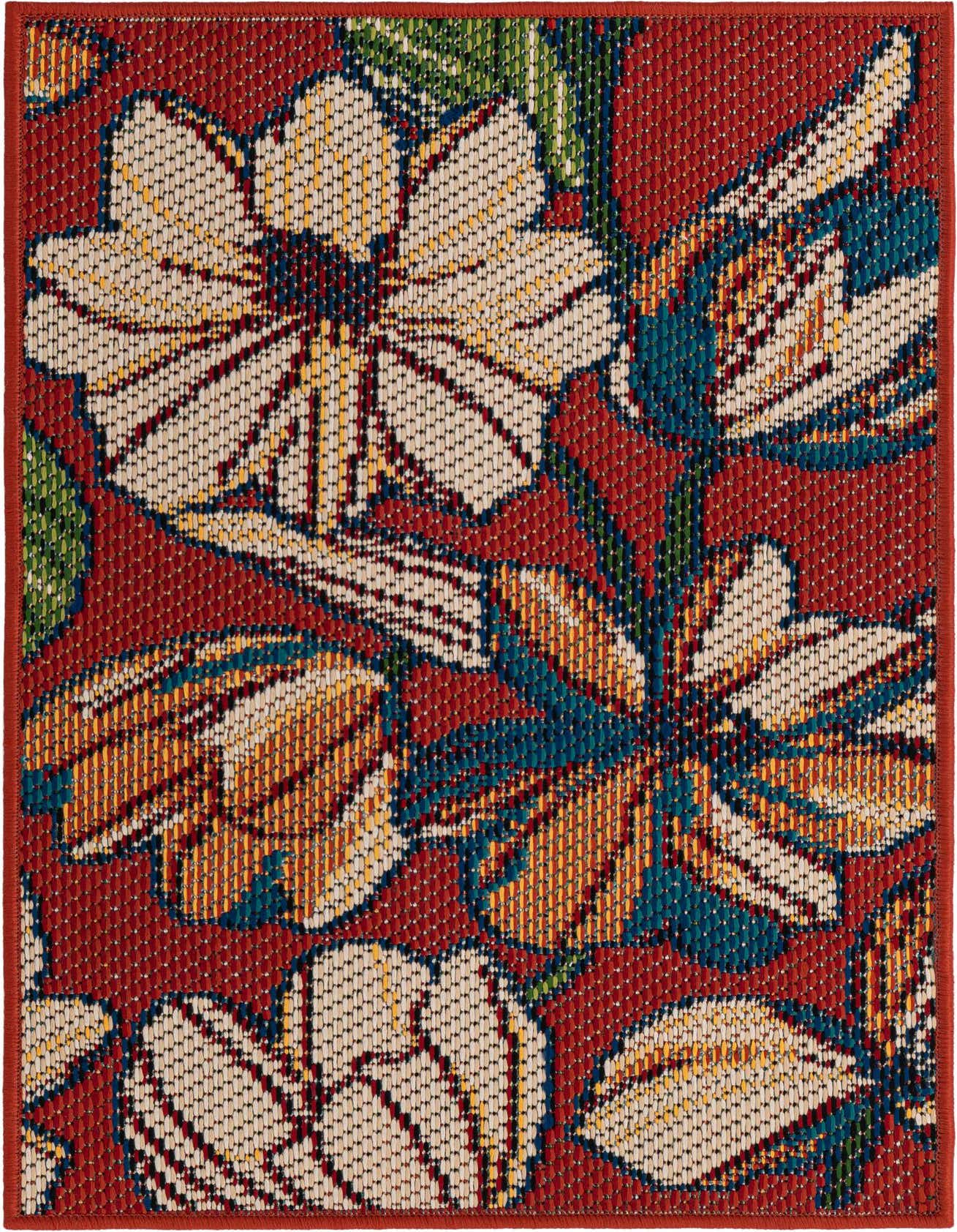 A 2x3 rectangular Baja Outdoor rug featuring a modern floral pattern with large cream, orange, and teal flowers on a deep red background.