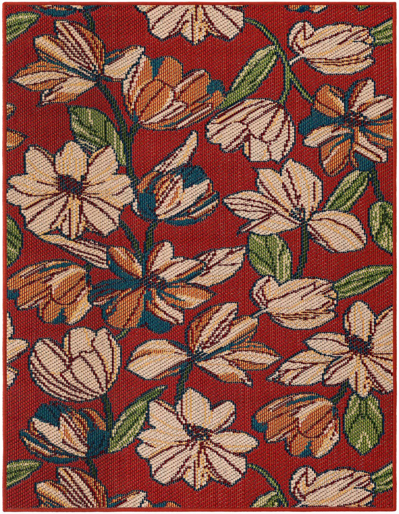 A 4x6 rectangular indoor/outdoor rug featuring a vibrant modern floral pattern with orange, beige, and teal flowers and green leaves on a rich red background.