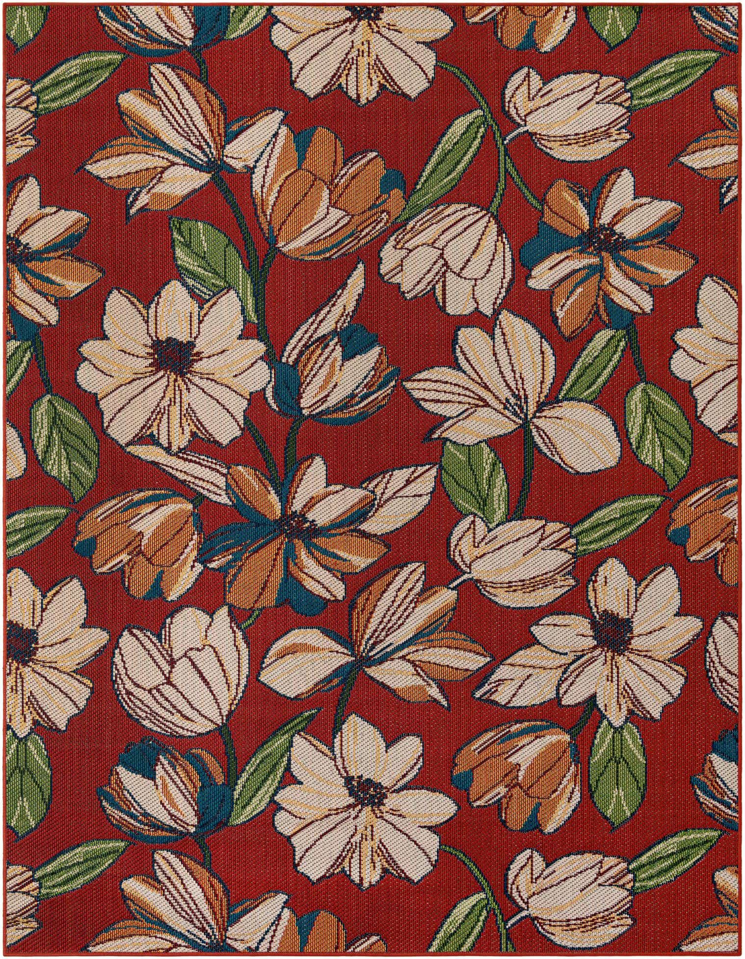 A vibrant 8x10 rectangular indoor/outdoor rug with a modern floral pattern in shades of orange, cream, and green on a rich red background.