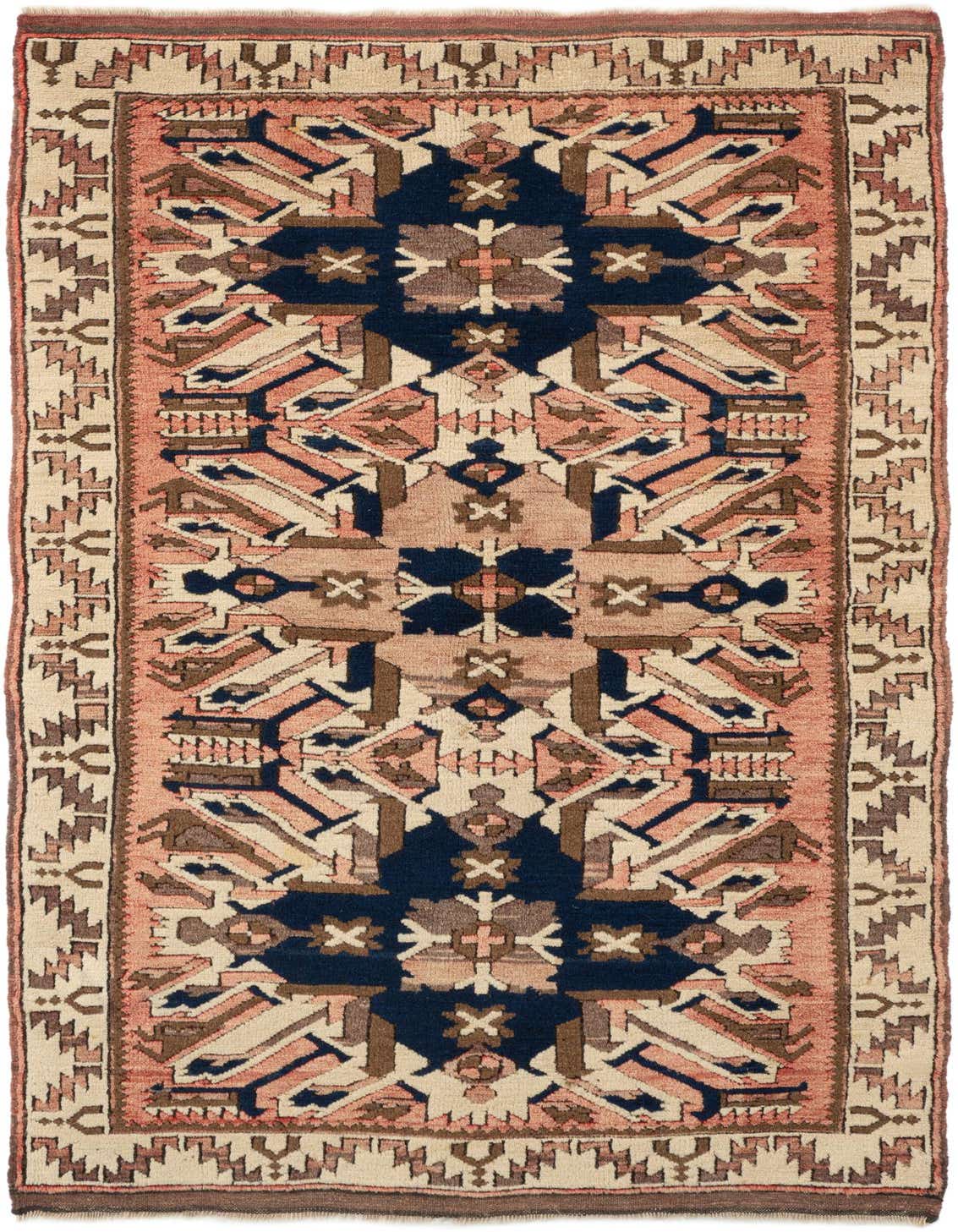 A 3x5 rectangular Balouch rug with a tribal pattern in deep navy, various shades of orange and red, and cream.