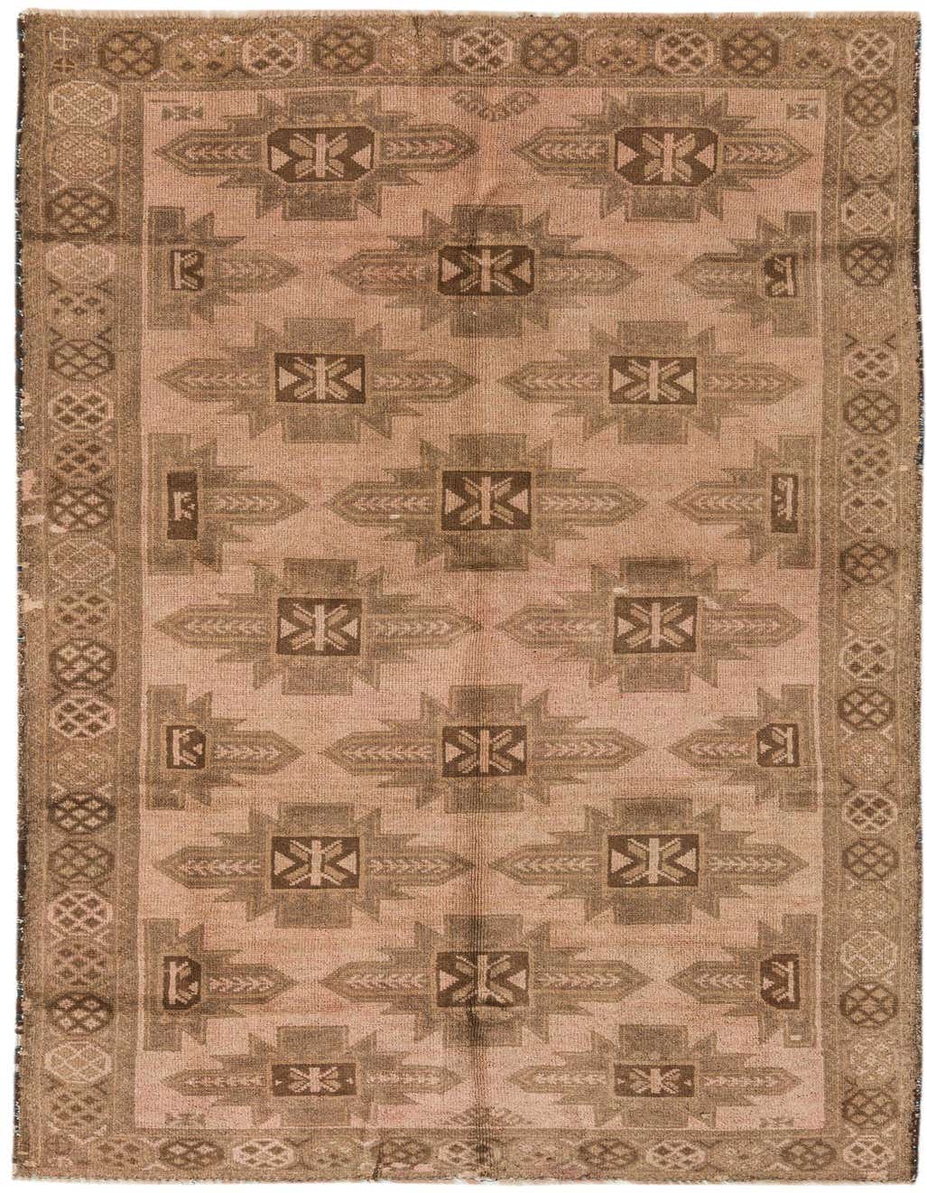A 4x6 rectangular Balouch rug in shades of orange and red, featuring traditional tribal patterns and a decorative border.