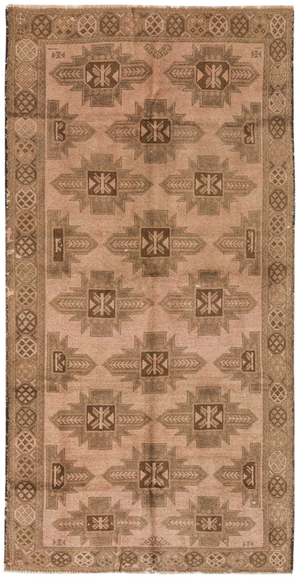 A 4x6 rectangular Balouch rug in shades of orange and red, featuring traditional tribal patterns and a decorative border.
