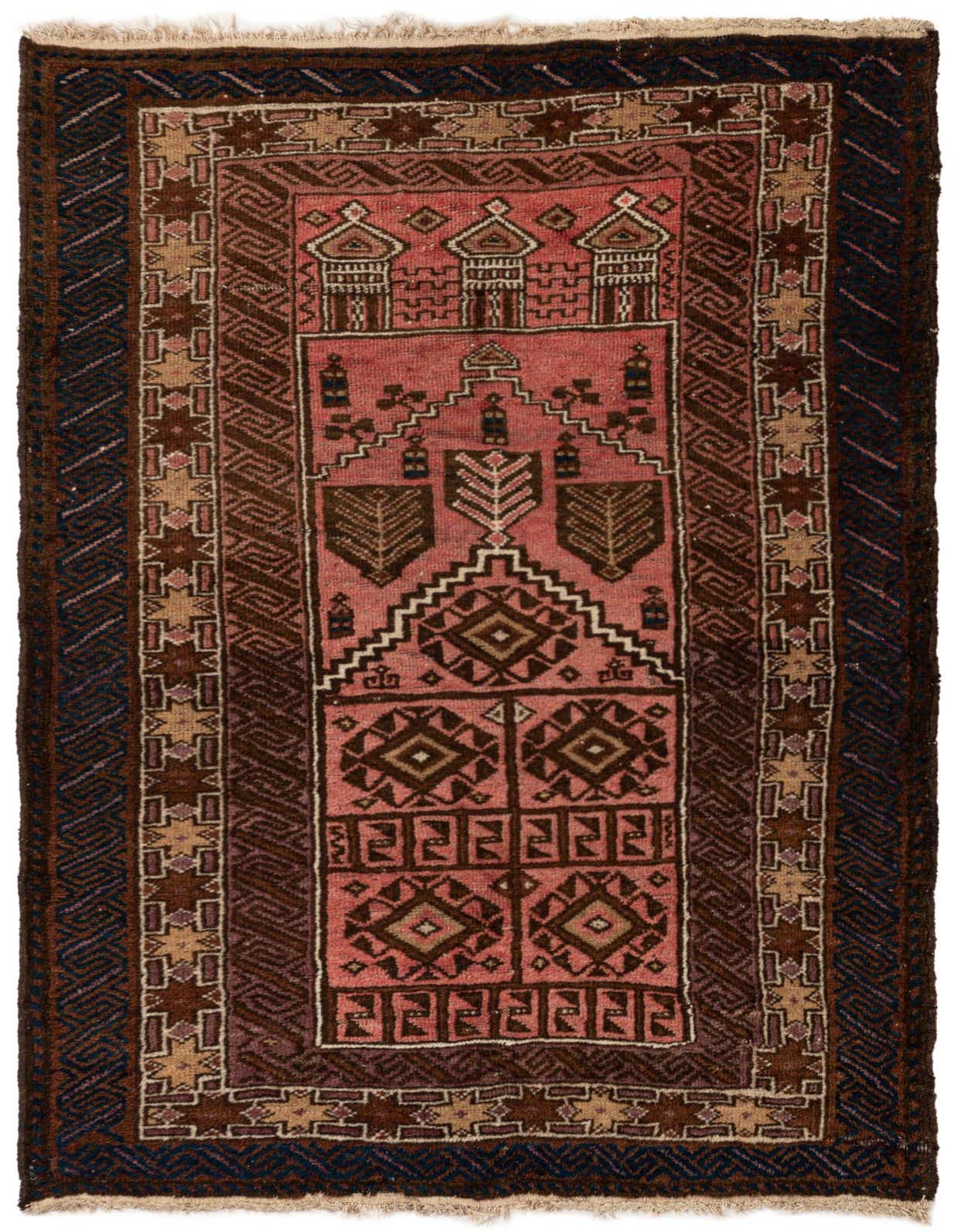 A 3x5 rectangular Balouch rug with a tribal Persian pattern in shades of orange, red, brown, and navy.
