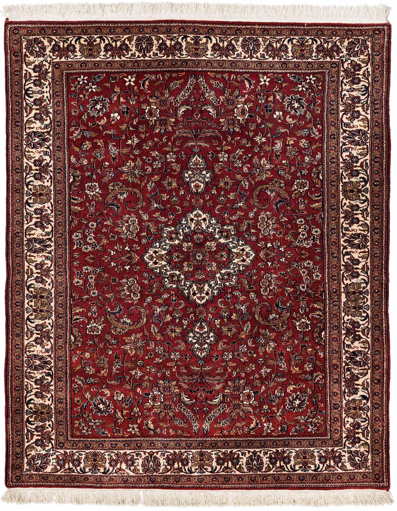A 4x6 rectangular Bidjar rug in oranges and reds, featuring a traditional medallion pattern and floral motifs.