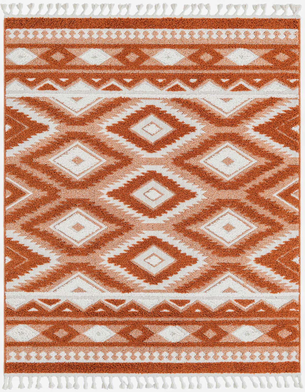 A 5x8 rectangular indoor rug with a Southwestern bohemian pattern in shades of orange and red, featuring a textured pile.
