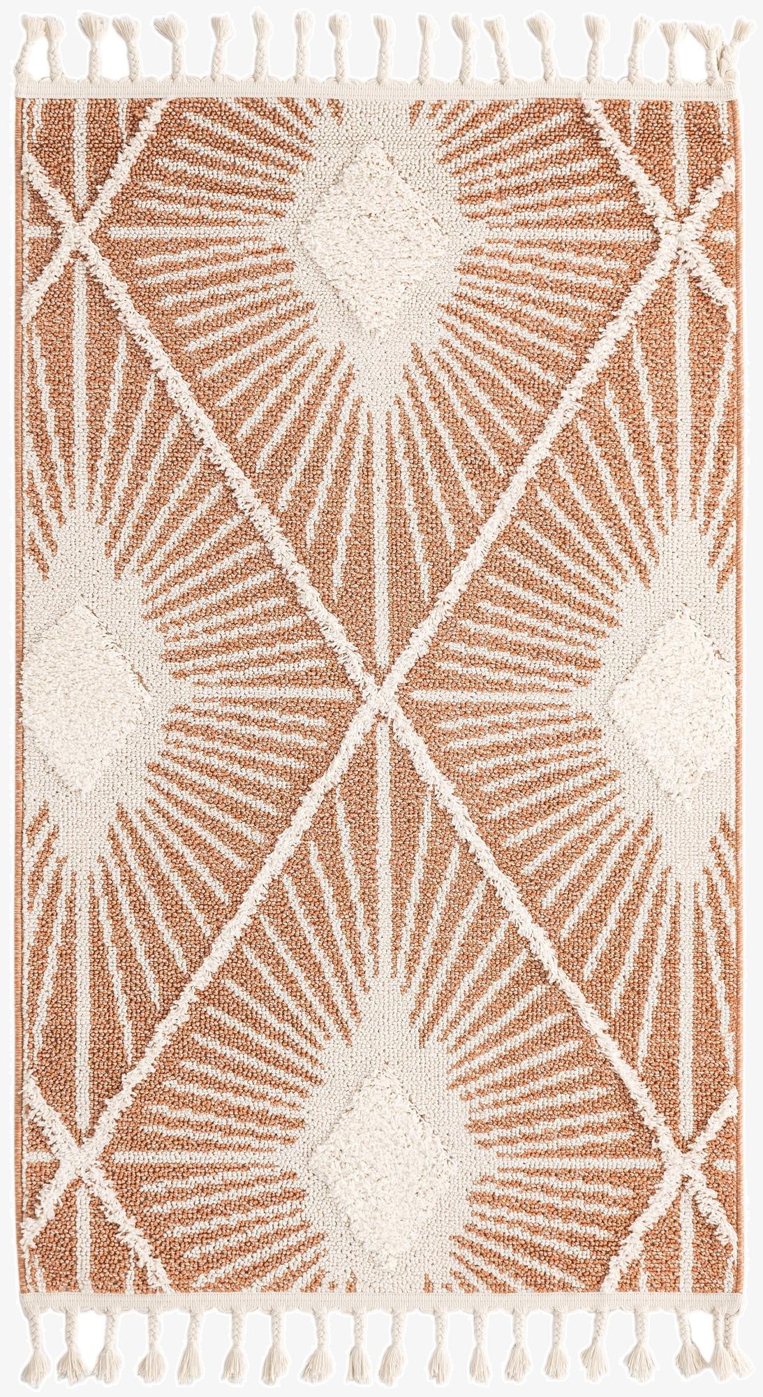 A 3x5 rectangular orange and cream rug with a geometric sunburst pattern and decorative tassels.