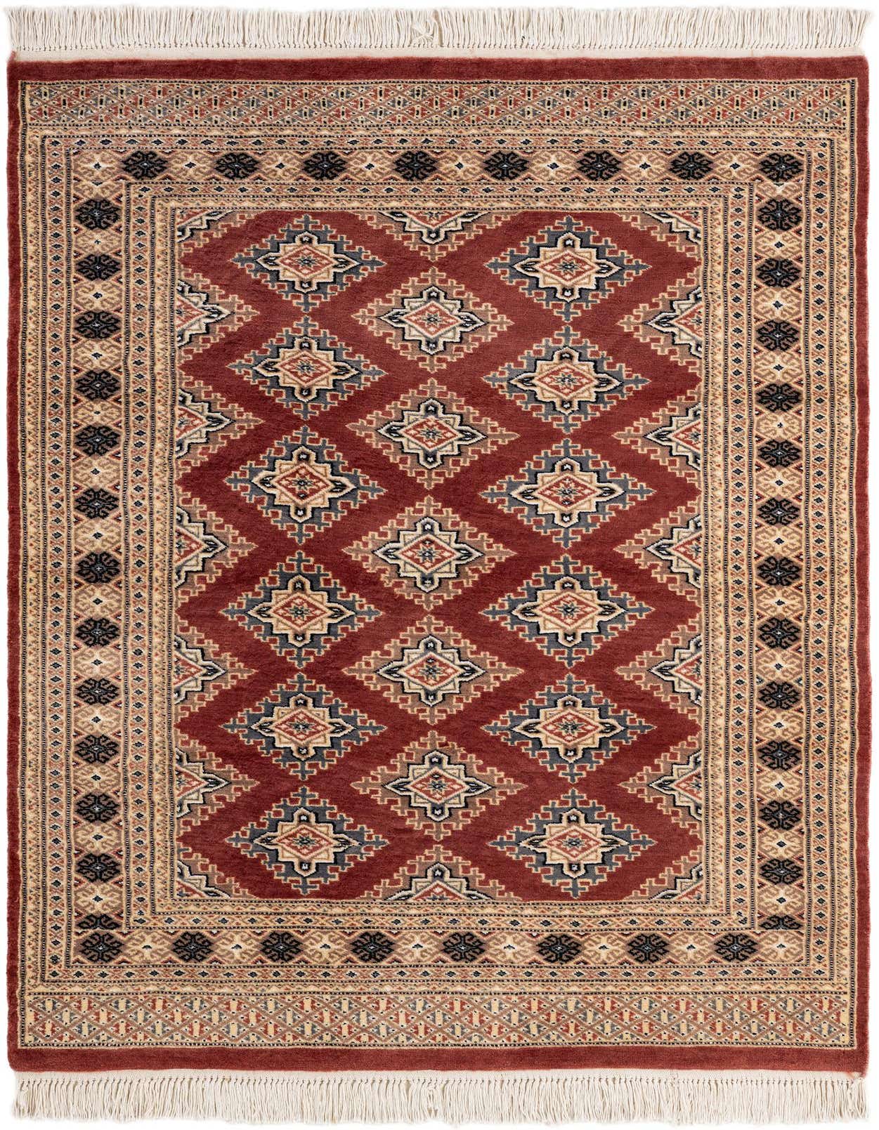 A 4x6 rectangular Bokhara rug with a deep red field and intricate tribal patterns in orange, blue, and cream, featuring a detailed border and white fringe.