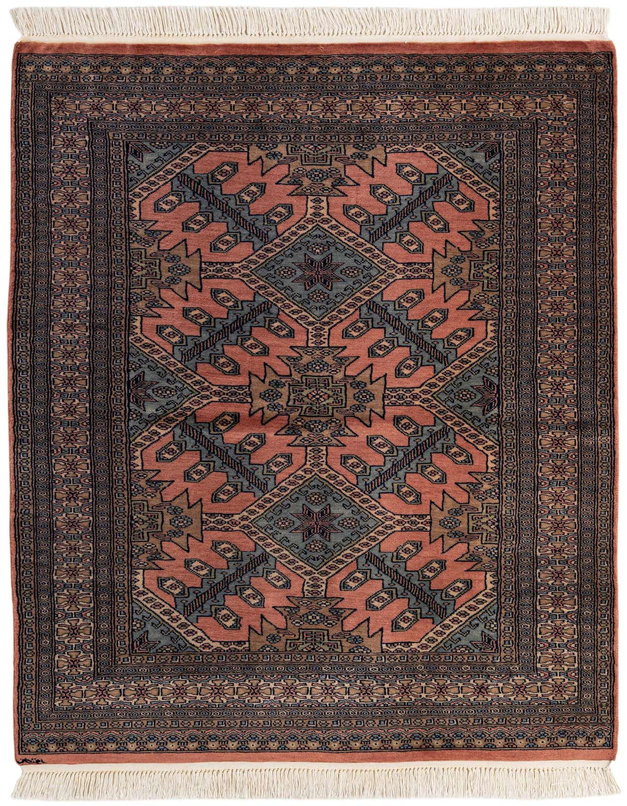 A 4x6 rectangular Bokhara wool rug featuring a traditional tribal pattern in shades of orange, red, and blue, with fringe.