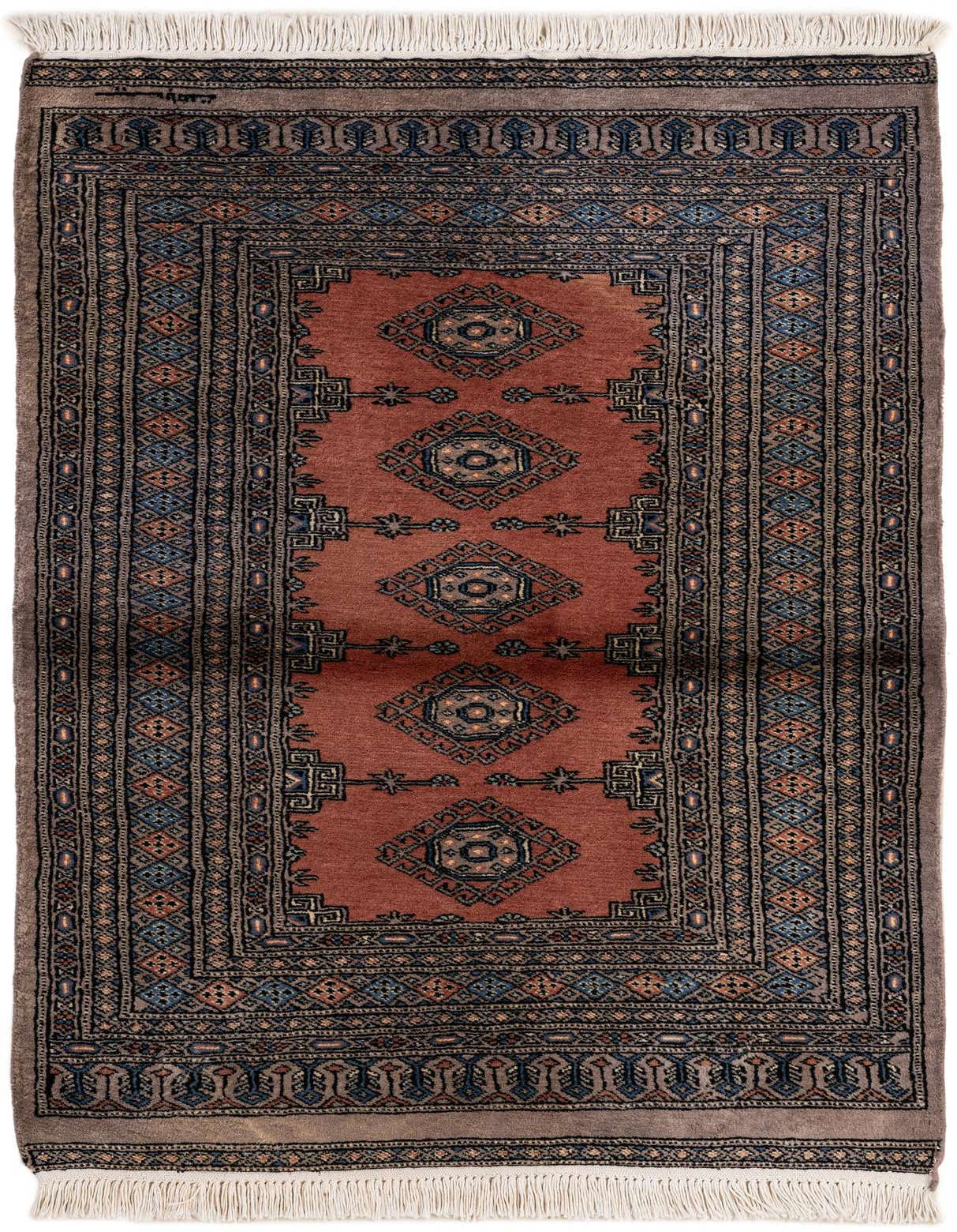 A 3x5 rectangular Bokhara wool rug with a central terracotta field and tribal patterns in navy, blue, and orange.