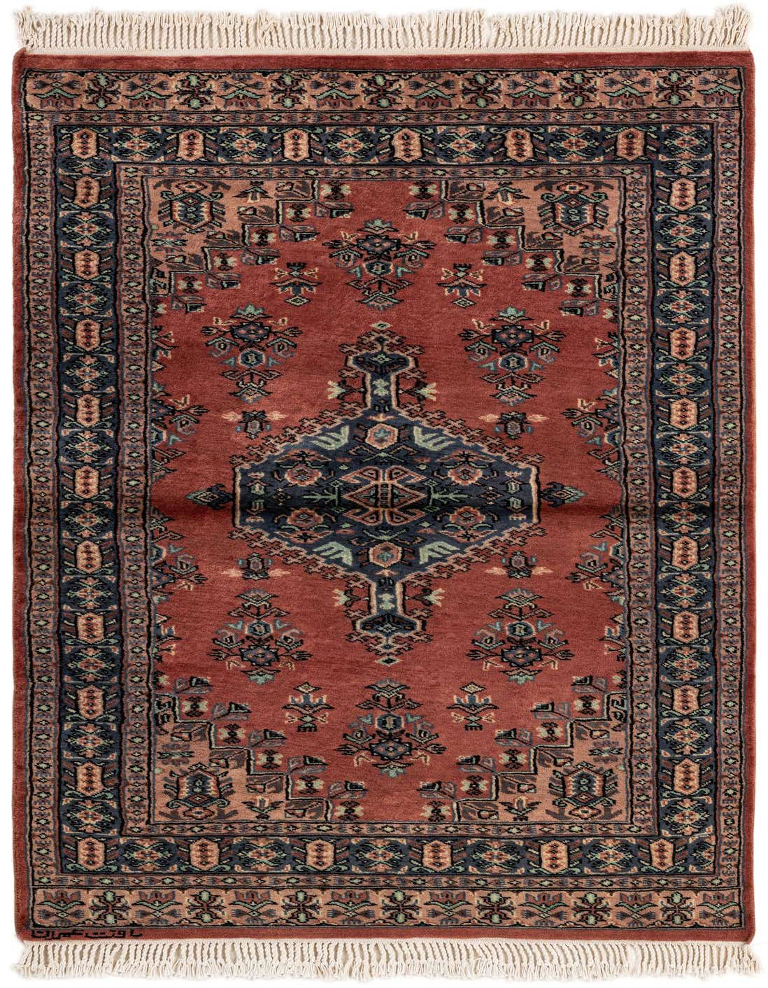 A 3x5 rectangular Bokhara rug featuring a rich orange-red field with a central navy medallion and intricate tribal patterns, framed by a detailed border and finished with white fringe.