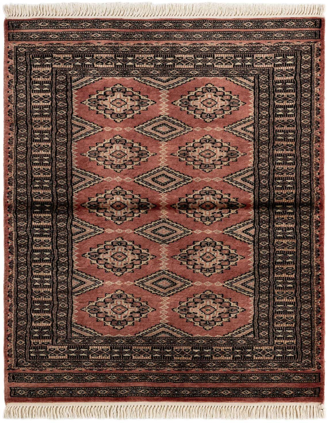 A 3x5 rectangular orange and red tribal rug with intricate black and beige geometric patterns and white fringe.