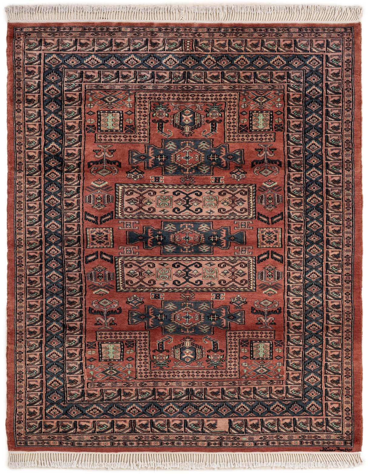 A 4x6 rectangular Bokhara rug with a flat pile, featuring a traditional tribal pattern in shades of orange, red, and dark blue, with white fringe.