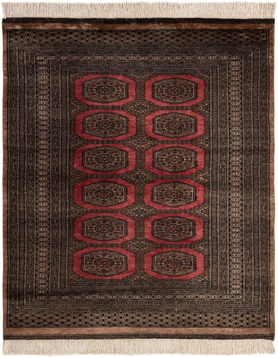A 4x6 rectangular Bokhara wool rug featuring a traditional tribal pattern with red octagonal medallions on a dark brown and orange field, finished with white fringes.