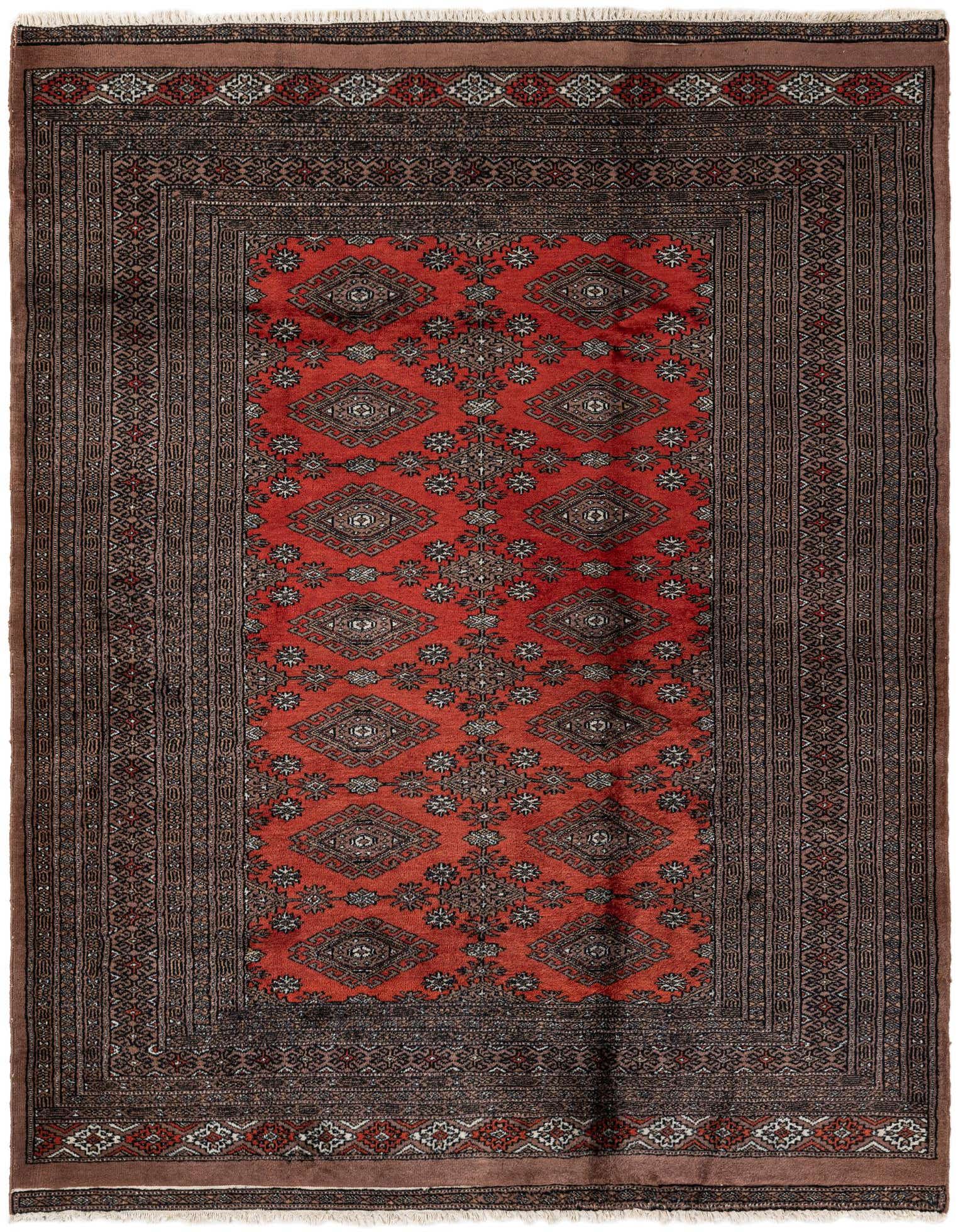 A 4x6 rectangular Bokhara wool rug in shades of orange and red, featuring a tribal trellis pattern and dark brown border.