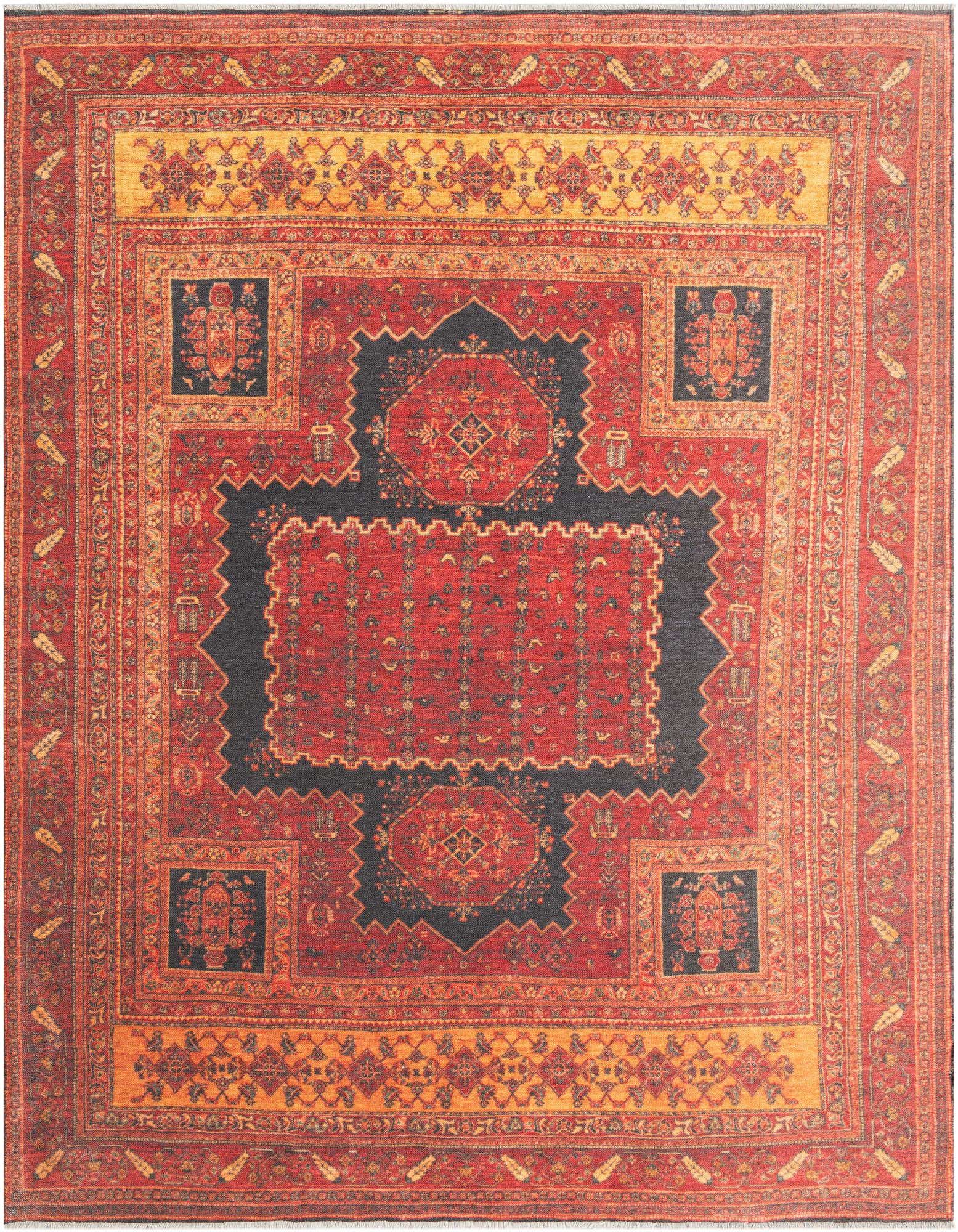 A rectangular 8x10 traditional area rug with a rich red field, orange borders, and a tribal medallion pattern.
