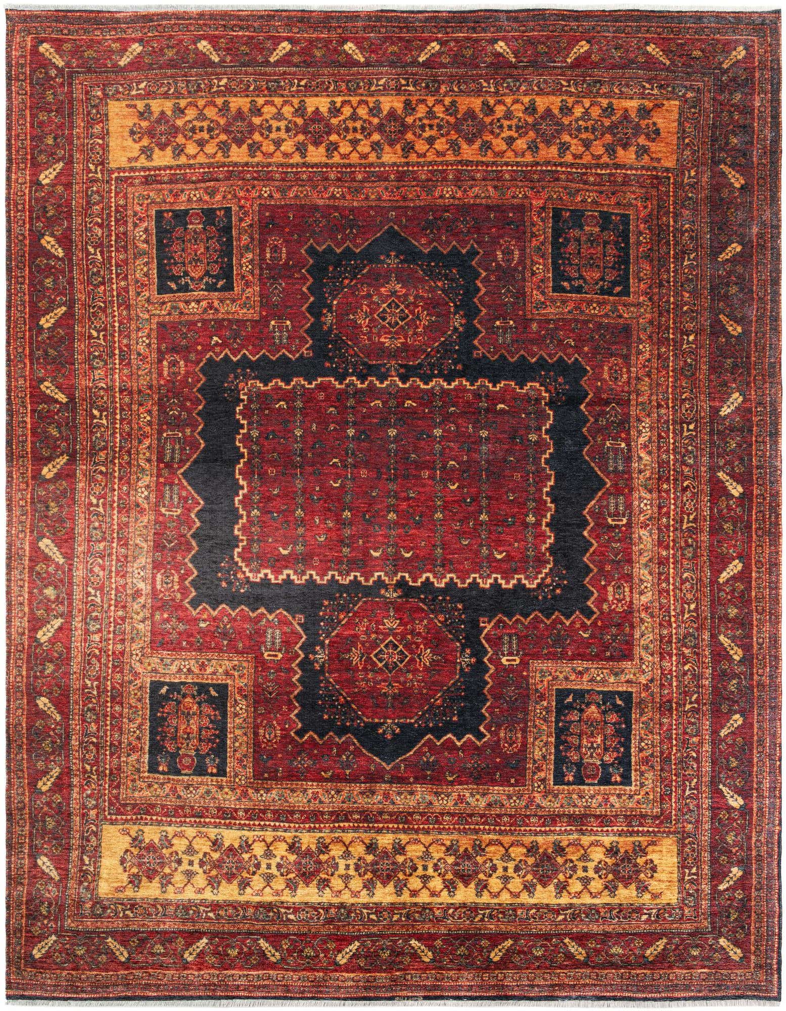 A 9x12 rectangular traditional rug featuring a central medallion and tribal patterns in rich oranges and reds.