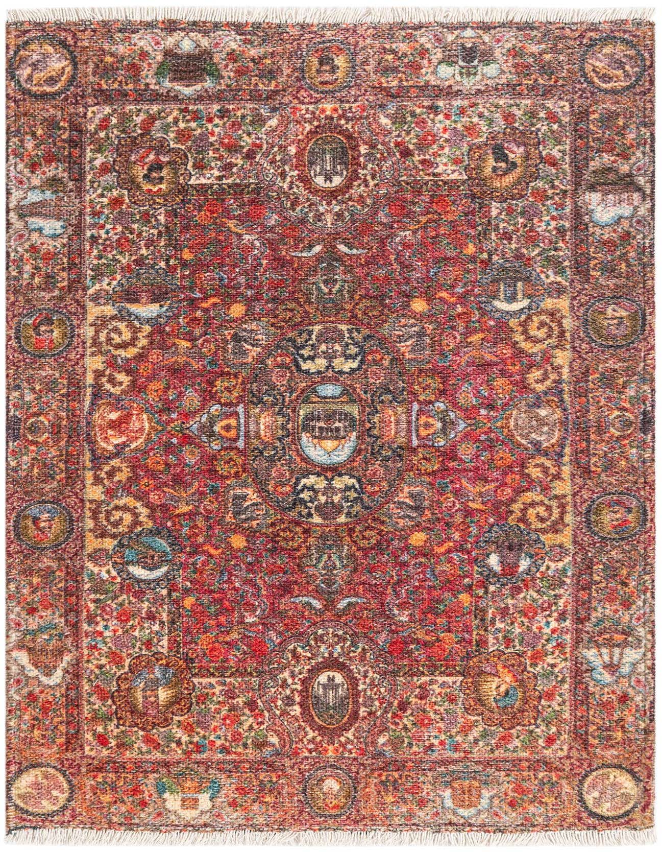 A 2x3 rectangular Rugs.com Boutique rug with a traditional medallion pattern in vibrant oranges and reds, featuring intricate vintage details and fringed edges.