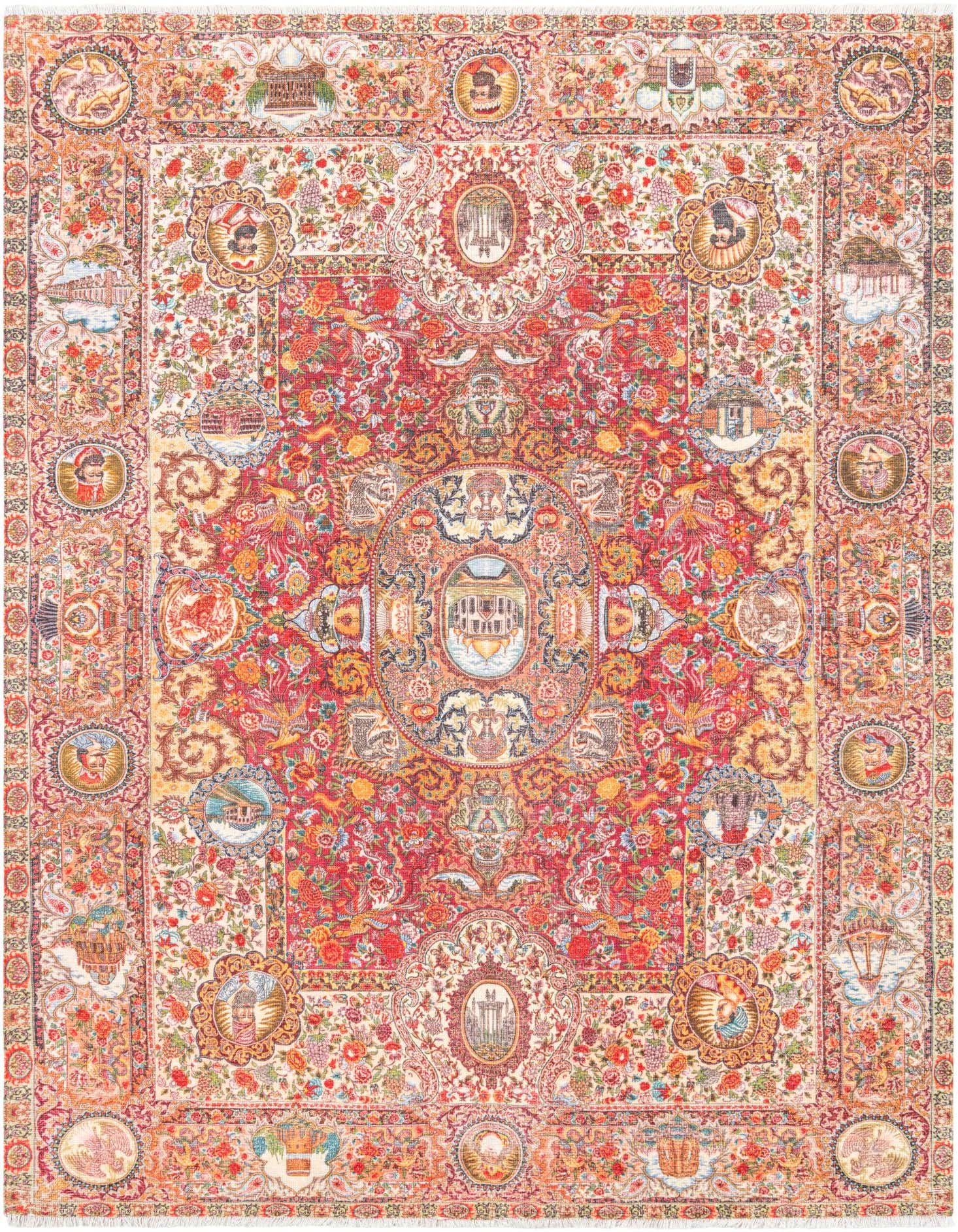 A 5x8 rectangular traditional rug featuring a vibrant medallion pattern in oranges and reds, with intricate floral and scenic details.