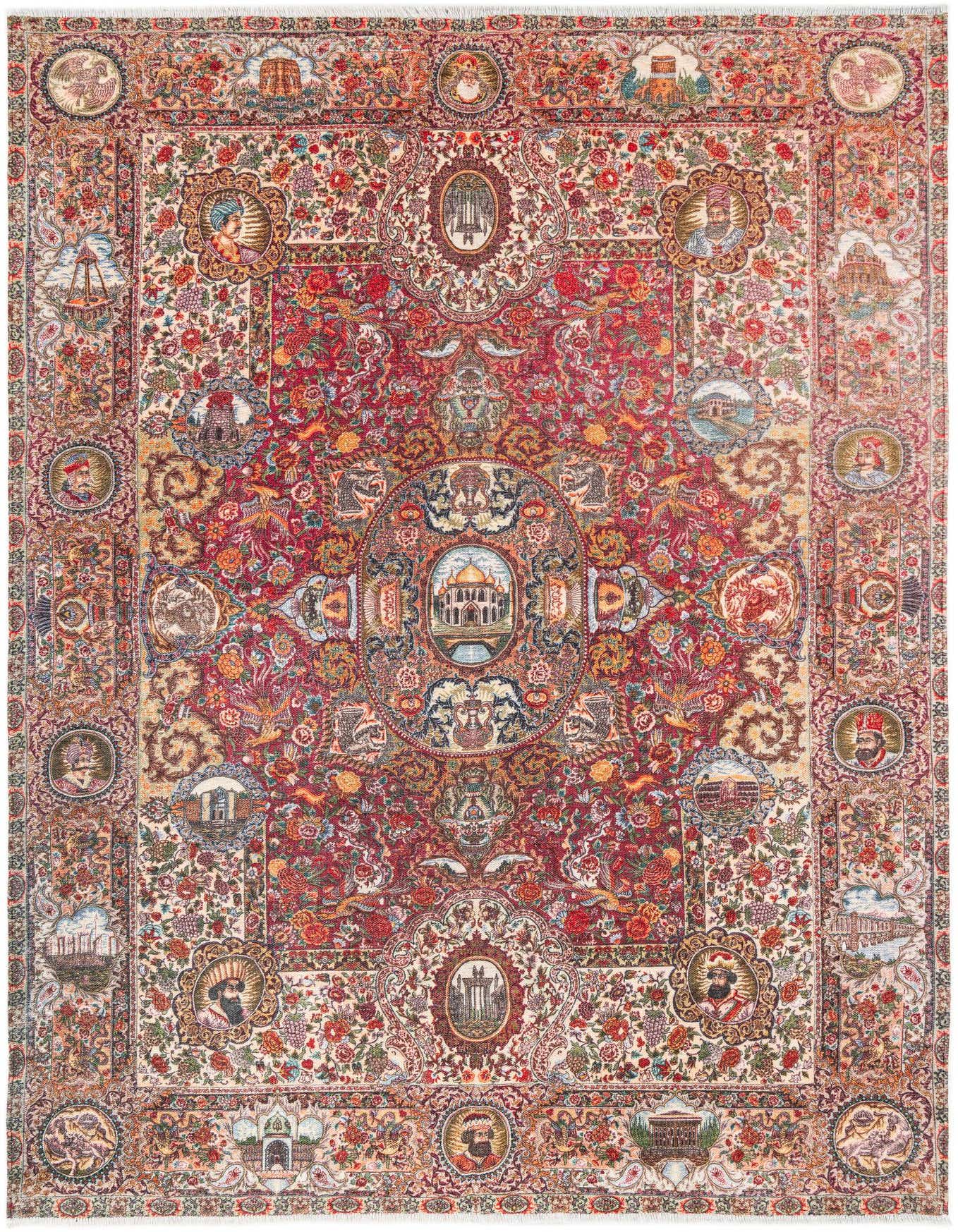 A rectangular 6x9 orange and red Oriental rug with a detailed medallion pattern and traditional motifs, perfect for a living room.