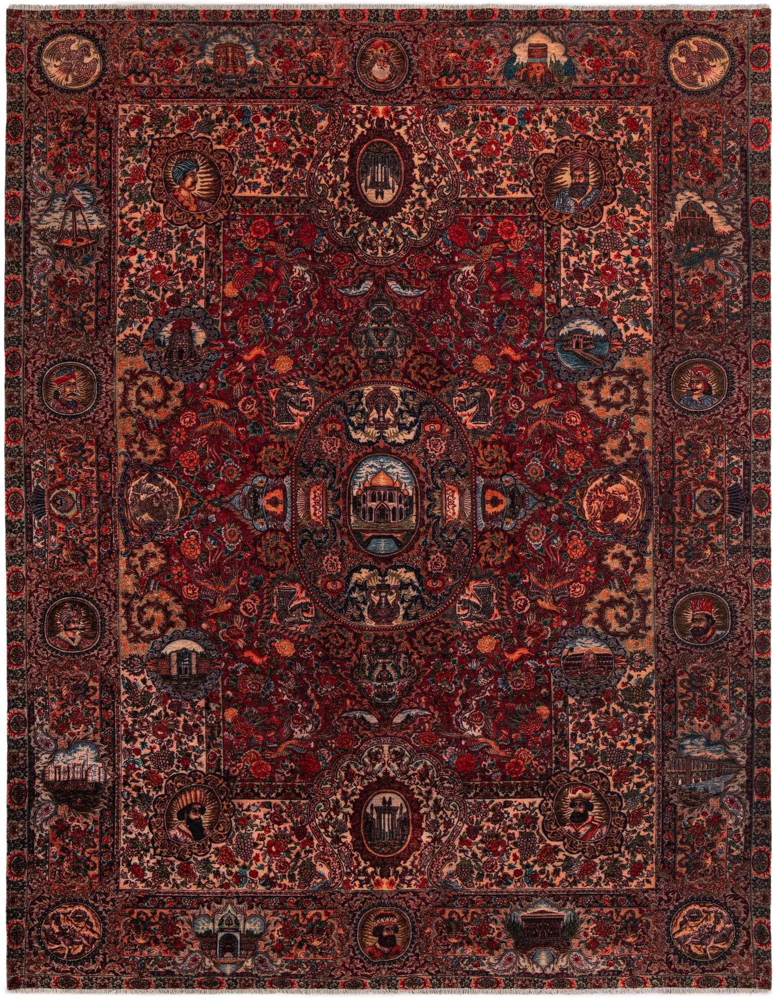 An 8x10 rectangular traditional rug featuring a rich red and orange medallion pattern with intricate floral and scenic details.