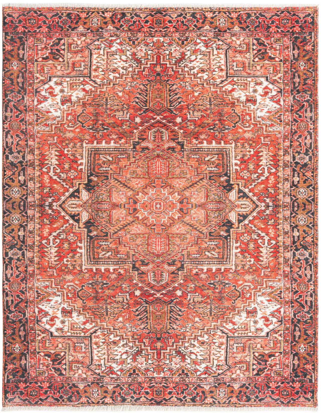 A 4x6 rectangular indoor rug featuring a traditional tribal medallion pattern in rich oranges, reds, and black.