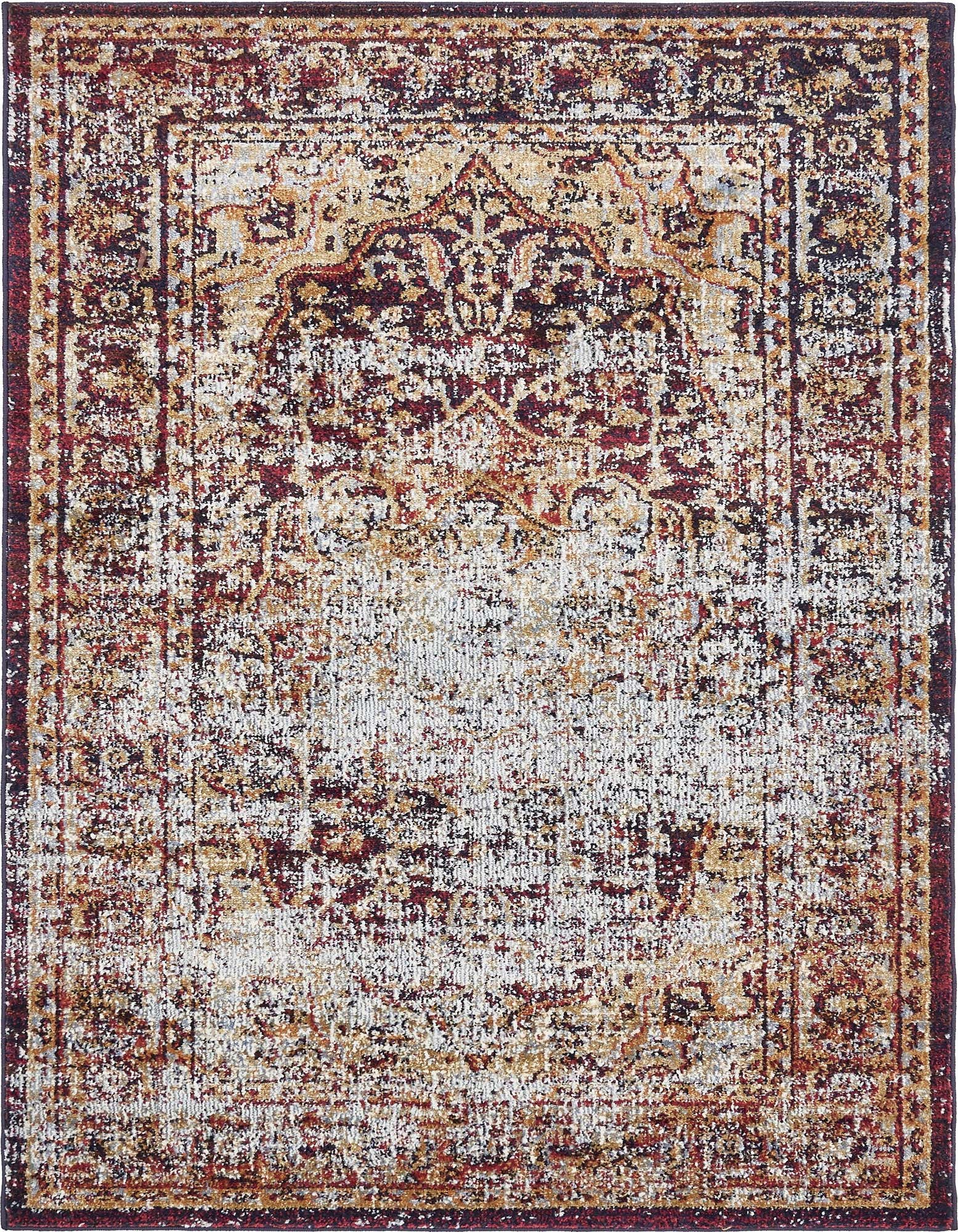 A 3x5 rectangular Charlotte rug with a distressed Bohemian medallion pattern in oranges, reds, and creams.
