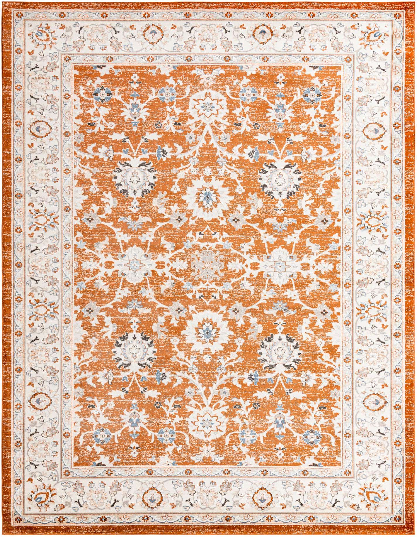 A 10x14 rectangular orange traditional rug with an intricate white, blue, and grey floral oriental pattern and a decorative border.