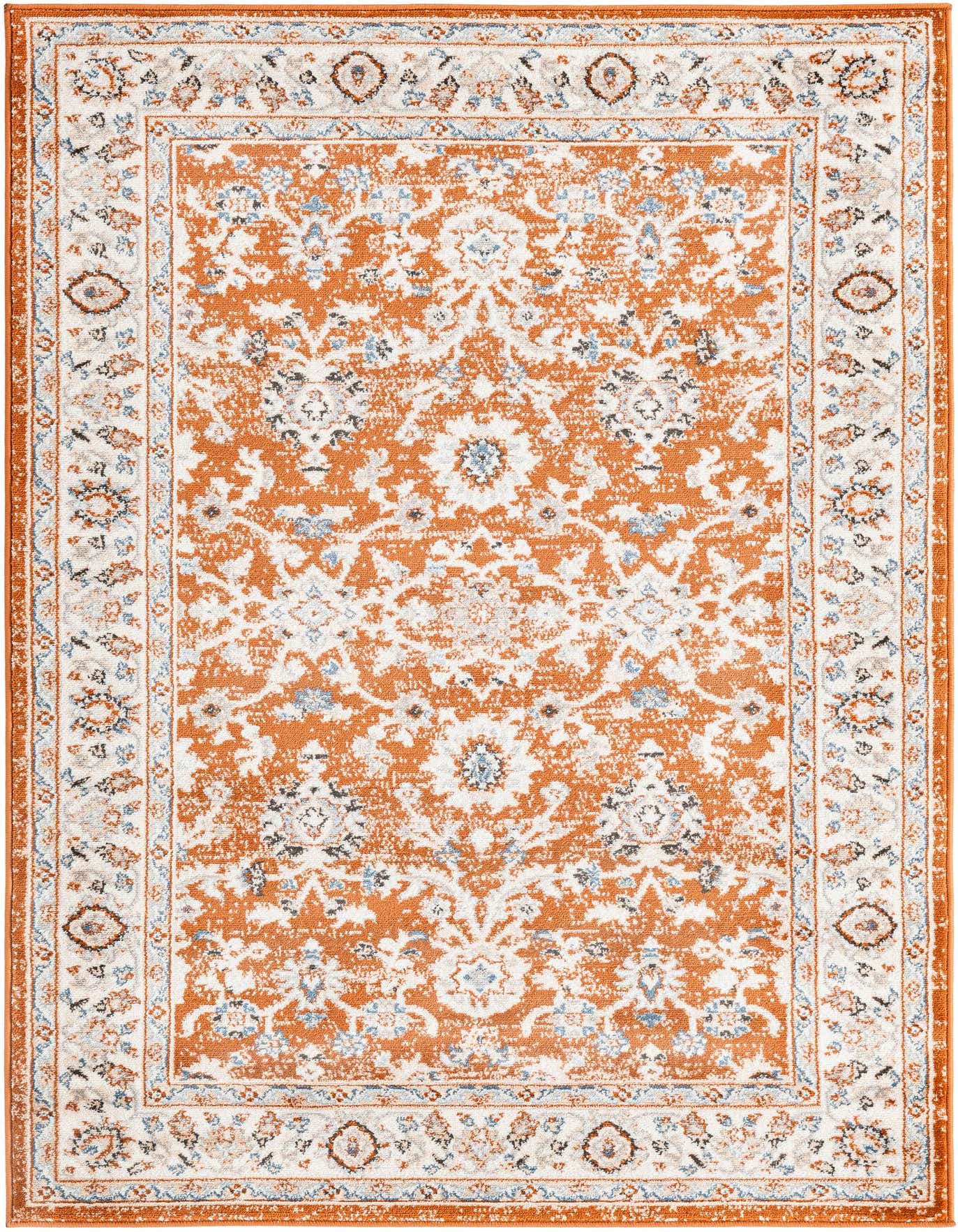 A 4x6 rectangular Charlotte rug by Rugs.com, featuring a distressed traditional floral pattern in dominant orange and white with subtle blue and grey accents, perfect for a living room.
