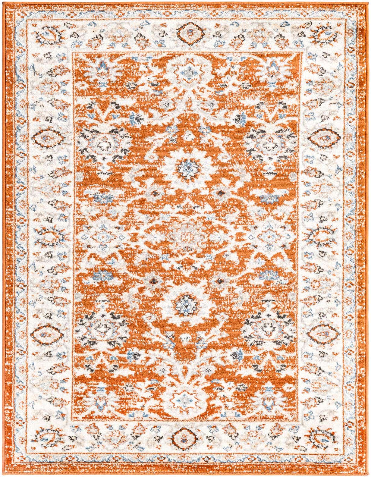 A 3x5 rectangular Charlotte Collection rug with a traditional floral pattern in oranges, reds, and cream, suitable for an entryway.